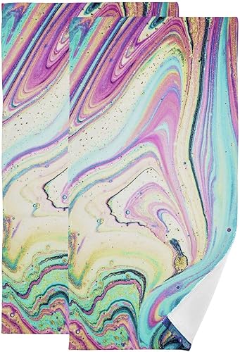 Miniatura 1 de Juego de 2 toallas de mano de colores arcoíris para baño, diseño de mármol, fantásticas toallas de cocina iridiscentes abstractas moradas, toallas