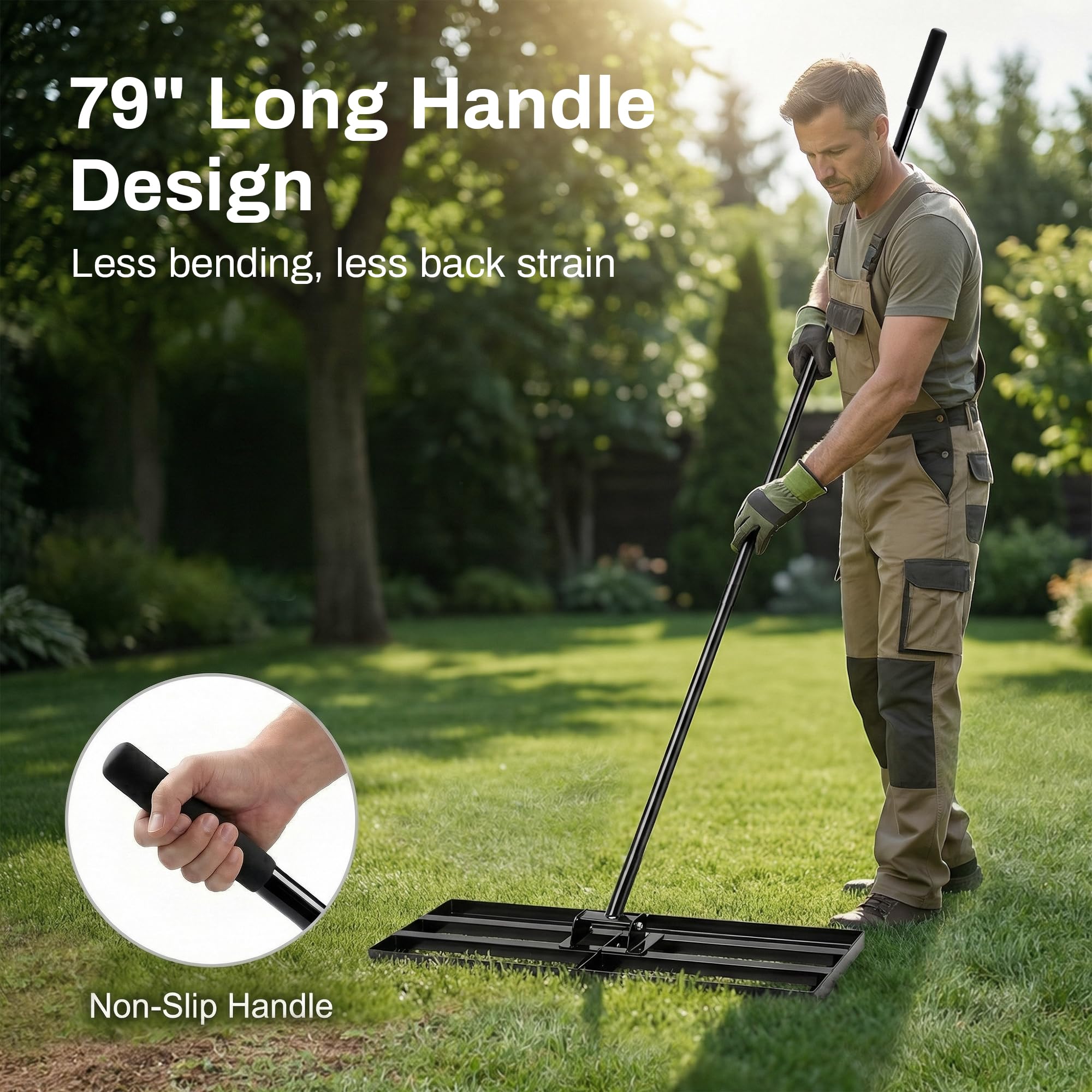 Rasen-Nivellierungsrechen 75x25 cm mit 2 m verstellbarem Stiel – Stabiler Rasenglätter & Nivellierrechen zum Rasen Einebnen, für Erde, Sand, Topdressing und Gartenpflege