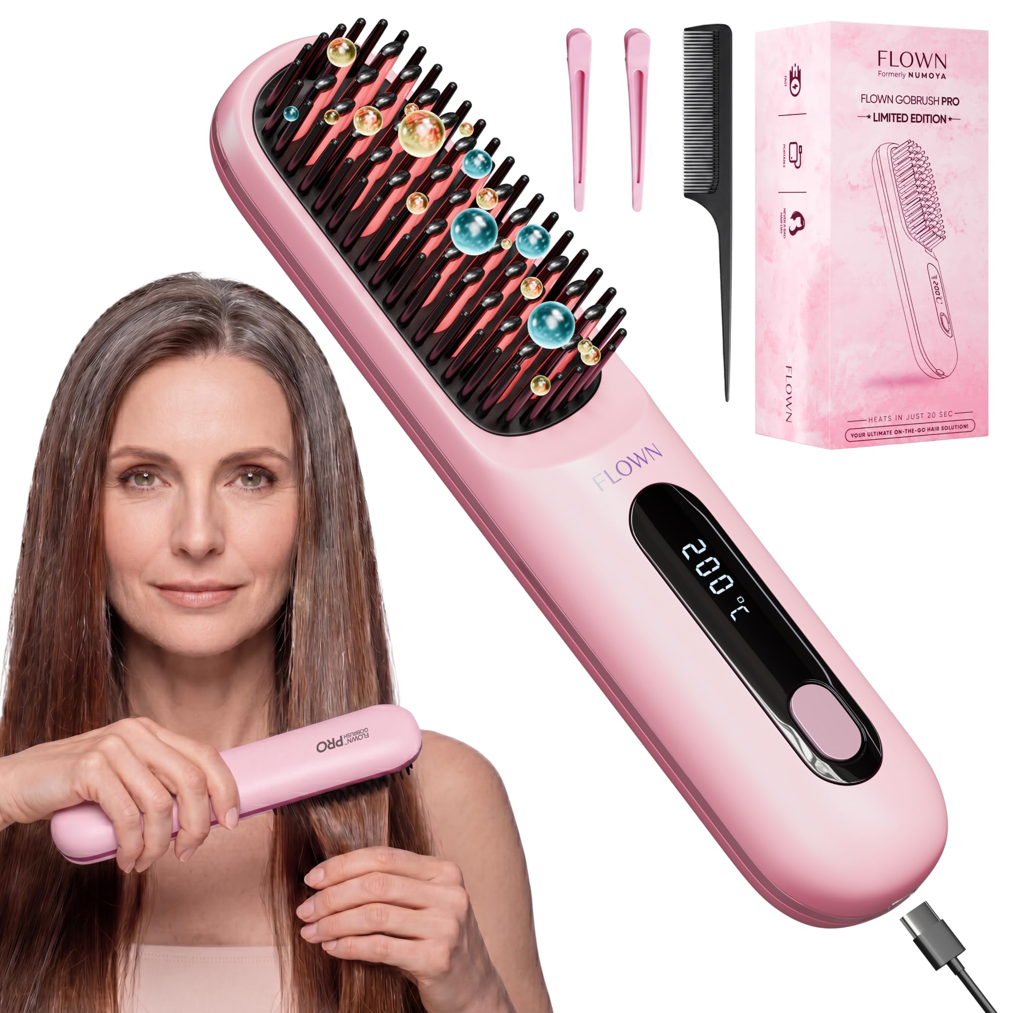 Photo 1 of Flown® Original Go Brush PRO - No Damage Heat Brush USB-C Charger (Pink)