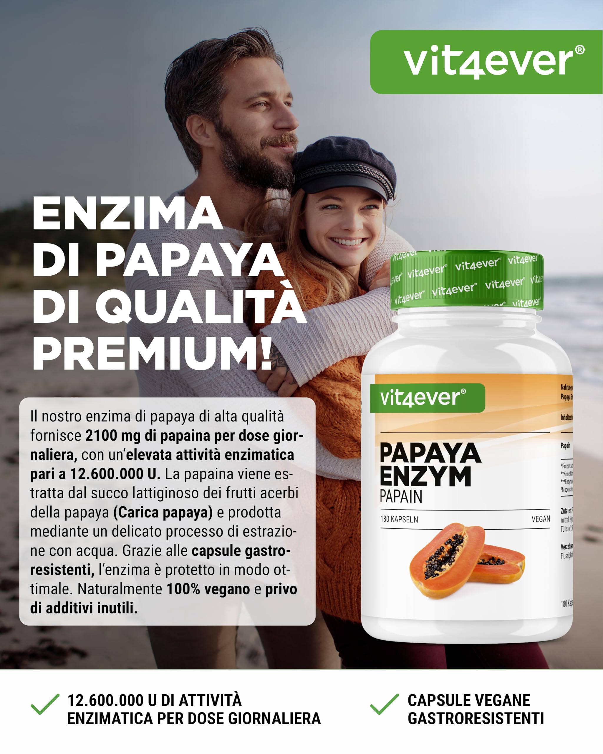 vit4ever Enzima di Papaya ad Alto Dosaggio - 2100 mg di Papaina da Papaya - 12.600.000 U di Attività Enzimatica - 180 Capsule Vegane Gastroresistenti - Senza Additivi Inutili