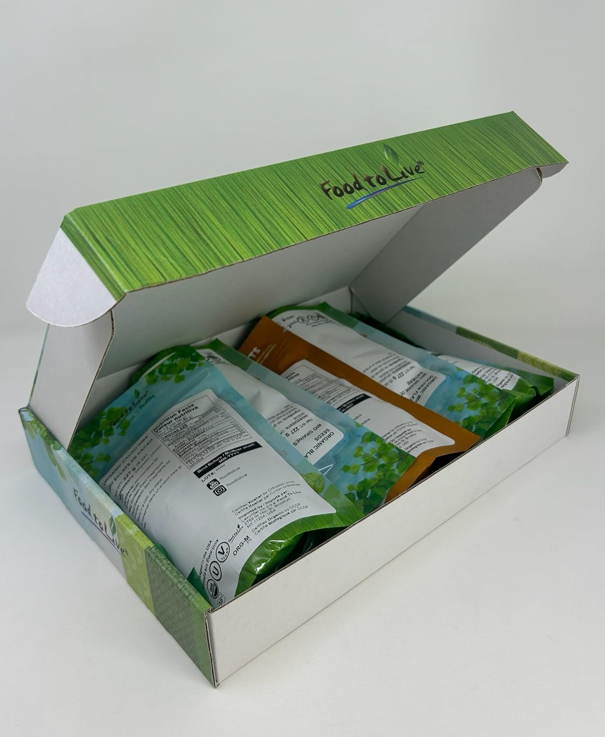 Food to Live Organic Superfoods in a Gift Box - A Variety Pack of Pumpkin Seeds, Hemp Seeds, Chia Seeds, Golden Flax Seeds, and Cacao Nibs