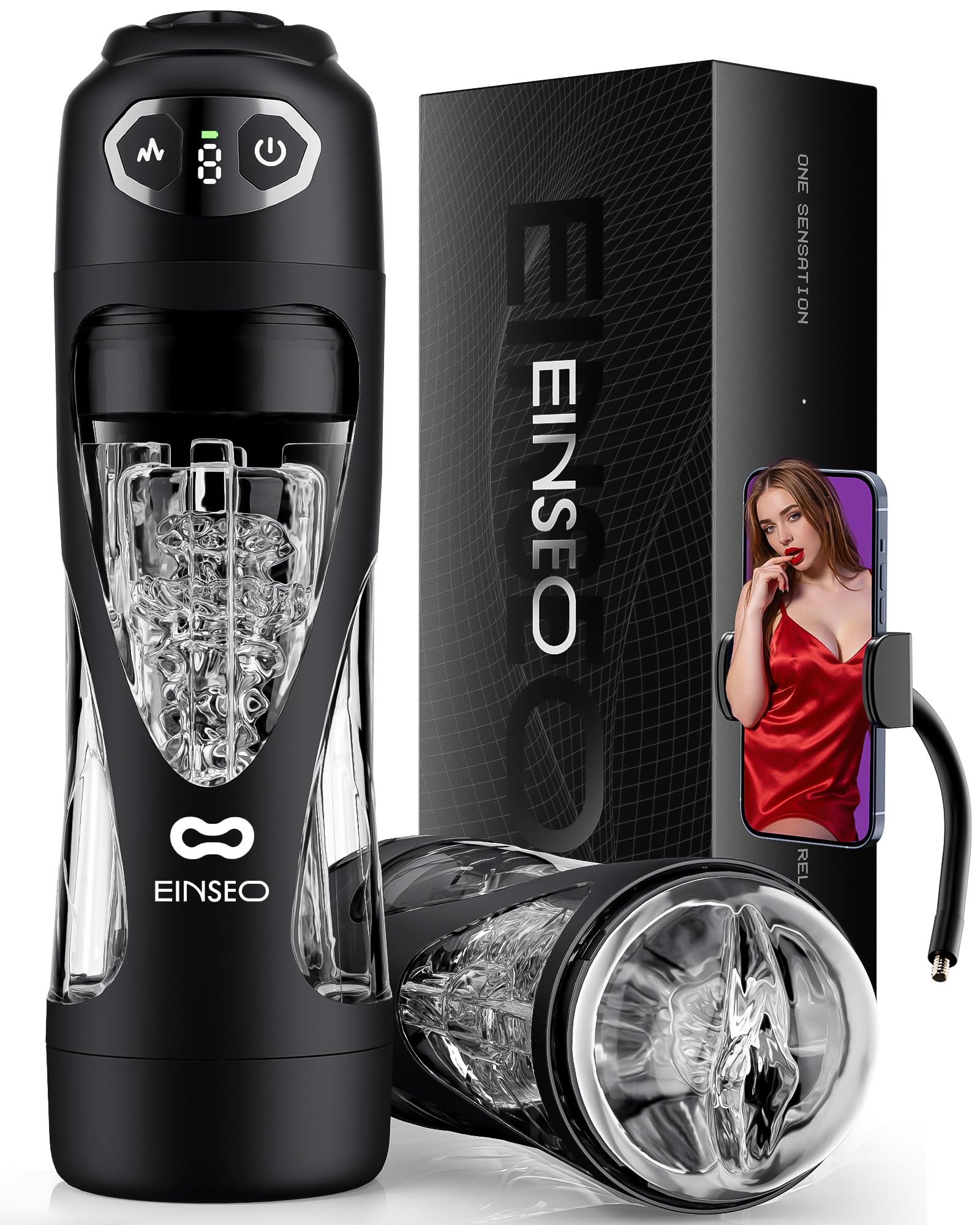 EINSEO Sucking Male Masturbator with 7.1" Deep Sleeve, AI Sync Sex Toys for Men 7-Speeds Suction &amp; Vibration, Licking Pocket Pussy with Phone Holder Male Stroker Custom Penis Pump Blowjob Adult Toys