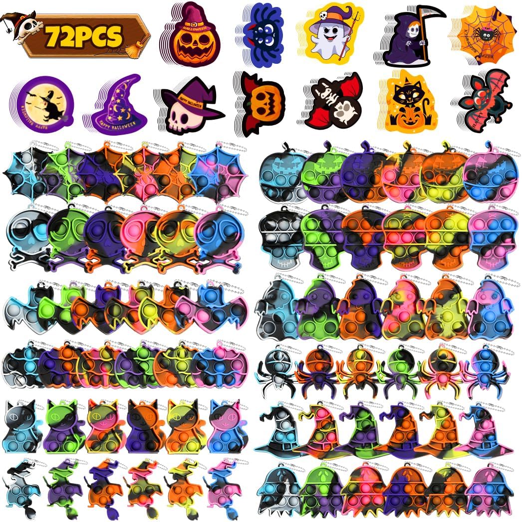 72 Pcs Halloween Mini Pop Fidget Keychain Bulk, Party Favors for Kids, Toys With DIY Cards, Prizes, Classroom Favors, Trick or Treat Toys