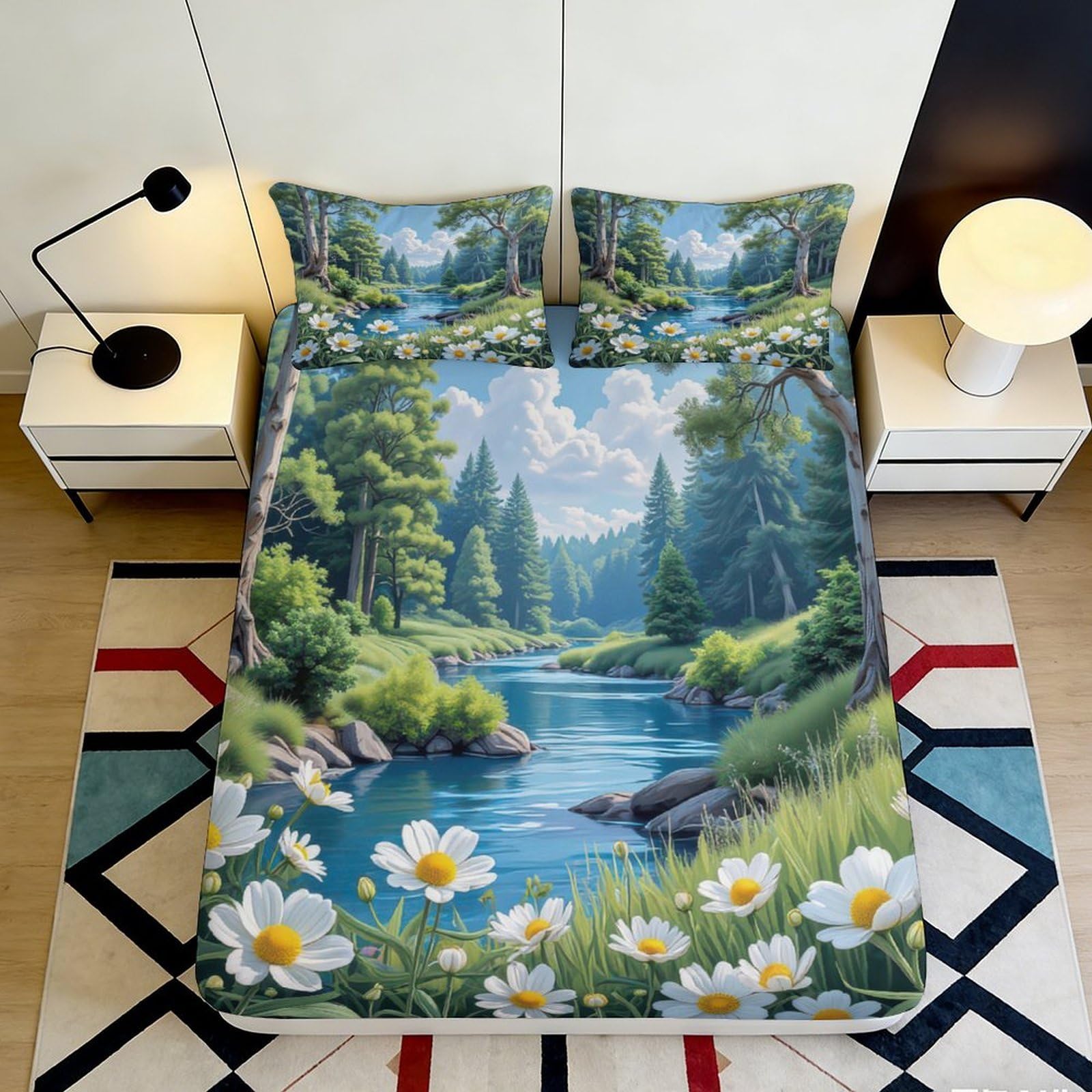 3D Printed Forest River Fitted Sheet Microfiber Soft Breathable Floral Bed Cover for Bedroom Dormitory Guest Room Mattress Protection Decor 160x200x25cm