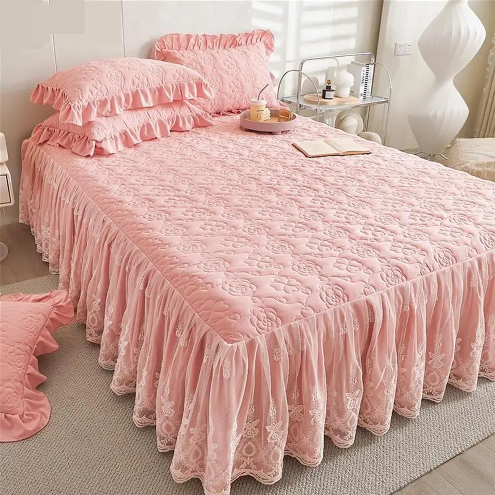 Falda de Cama Acolchada Gruesa de Encaje de algodón, Colcha, Funda de Almohada, Funda de colchón, Textil Doble for el hogar(E,1 pc Skrit 200x220cm)