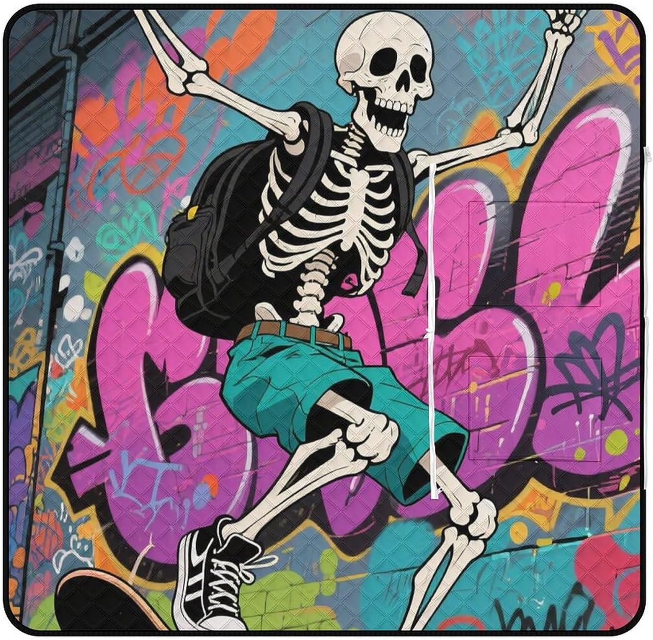 Skateboard Skeleton Skull Picnic Blanket 150x150cm, Foldable 2-in-1 Picnic Mat and Tote Bag Portable Waterproof Beach Mat Sandproof Outdoor Blanket for Park, Hiking, Beach, Camping, Travel