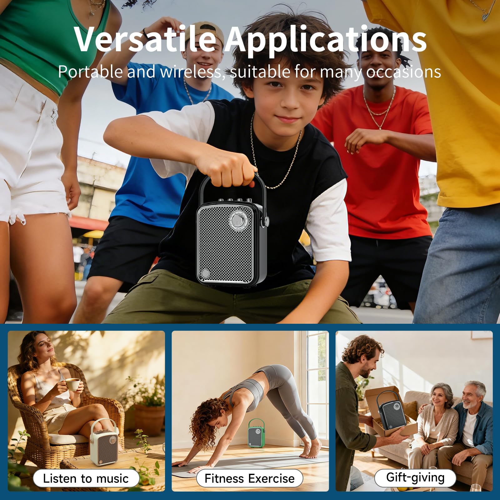 Enceinte Bluetooth rétro portable sans fil haute performance, basses riches, volume puissant, avec caisson de basses, prend en charge DSP et TWS, convient pour la maison, les fêtes et l'extérieur