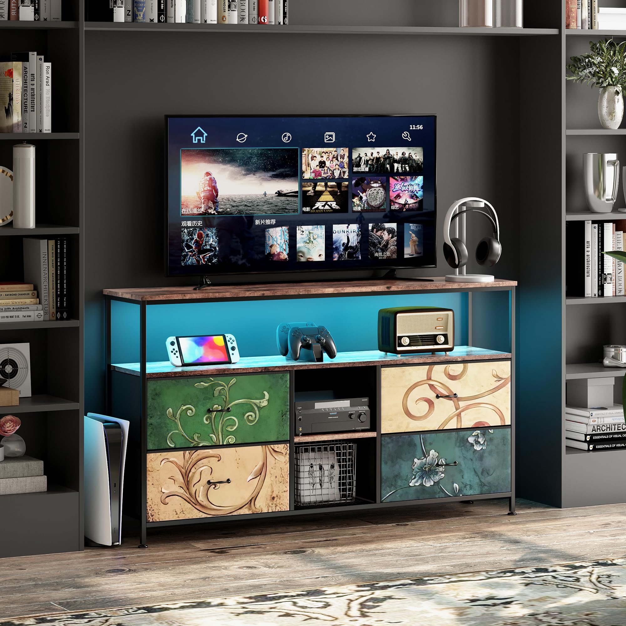 Mueble de TV con LED, 137 cm Armarios de Entretenimiento con 4 cajones de Almacenamiento extraíbles, Banco de TV con Espacio de Almacenamiento, Mueble de Salón Moderno﻿ (Color, 137cm)