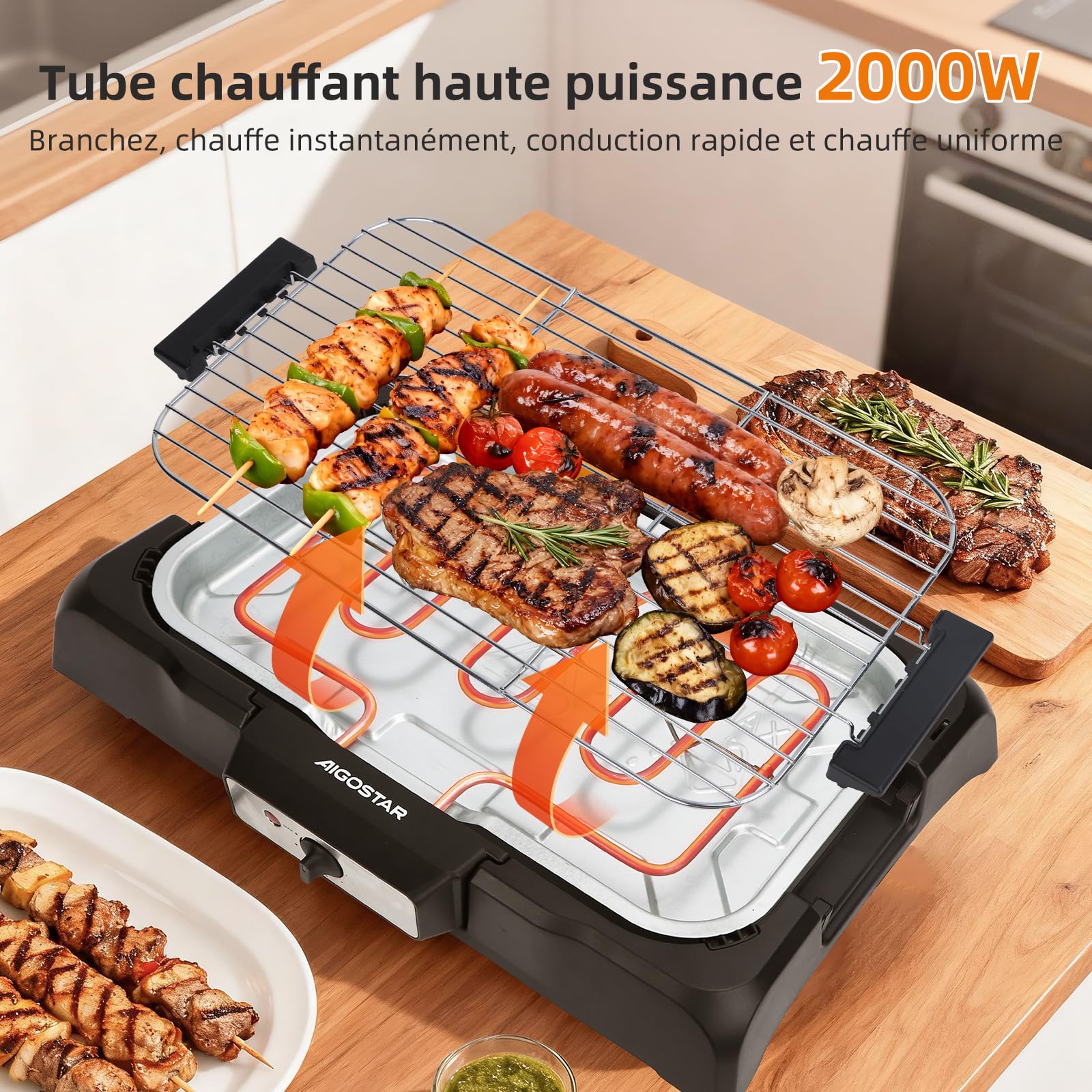 Aigostar Tasty - Gril sans Fumée, Barbecue Electrique d’intérieur. 2000W | Thermostat, Taille Compacte. Utilisation Avec de l'eau: Evite Taches et Fumée. Entièrement Démontable.