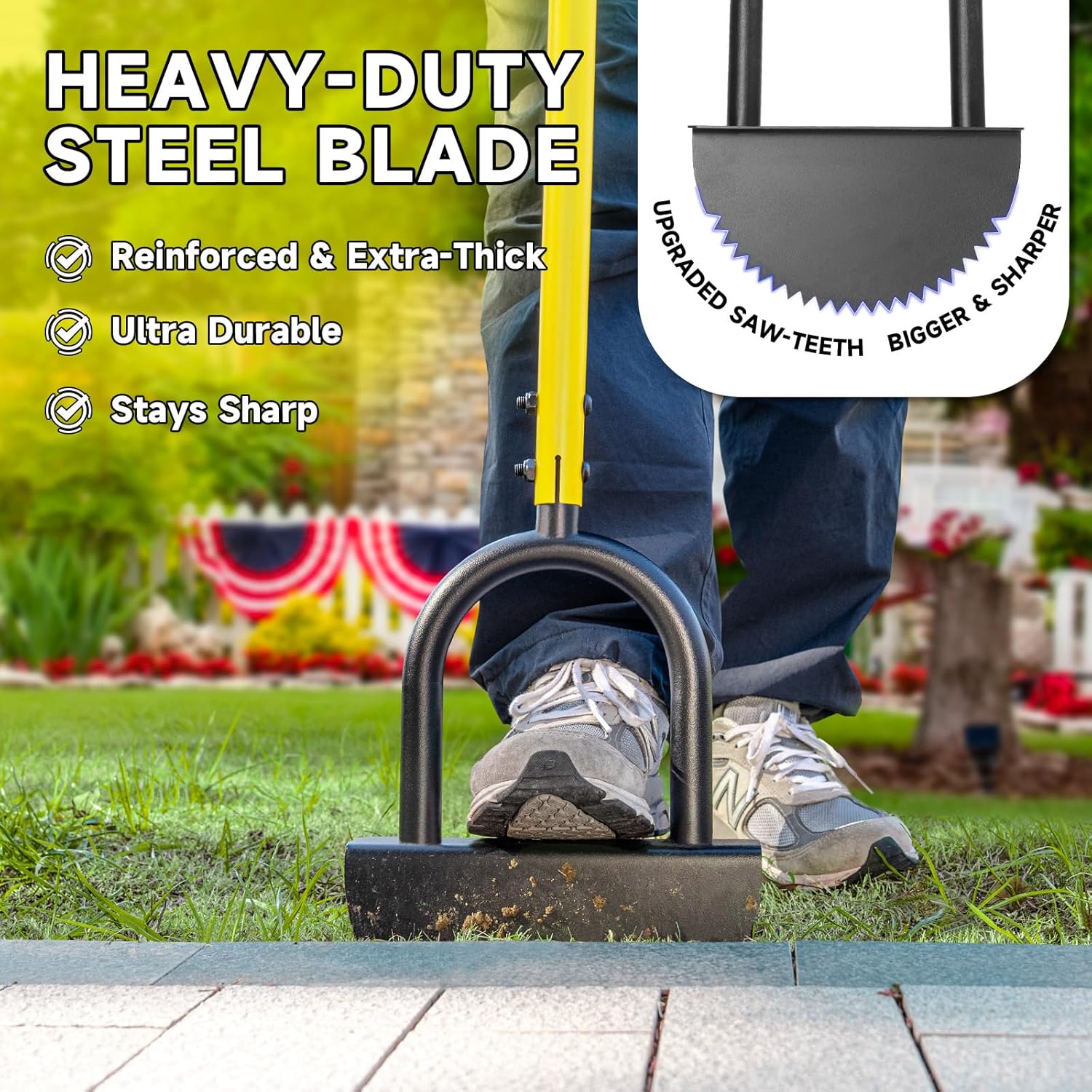 Manual Edger Lawn Tool with 38"-42" Adjustable Length, Saw-Tooth Border Edger with Wide Footplate Manganese Steel Blade, Garden Edging Tool for Flower Beds, Landscaping, Sidewalks, Yard