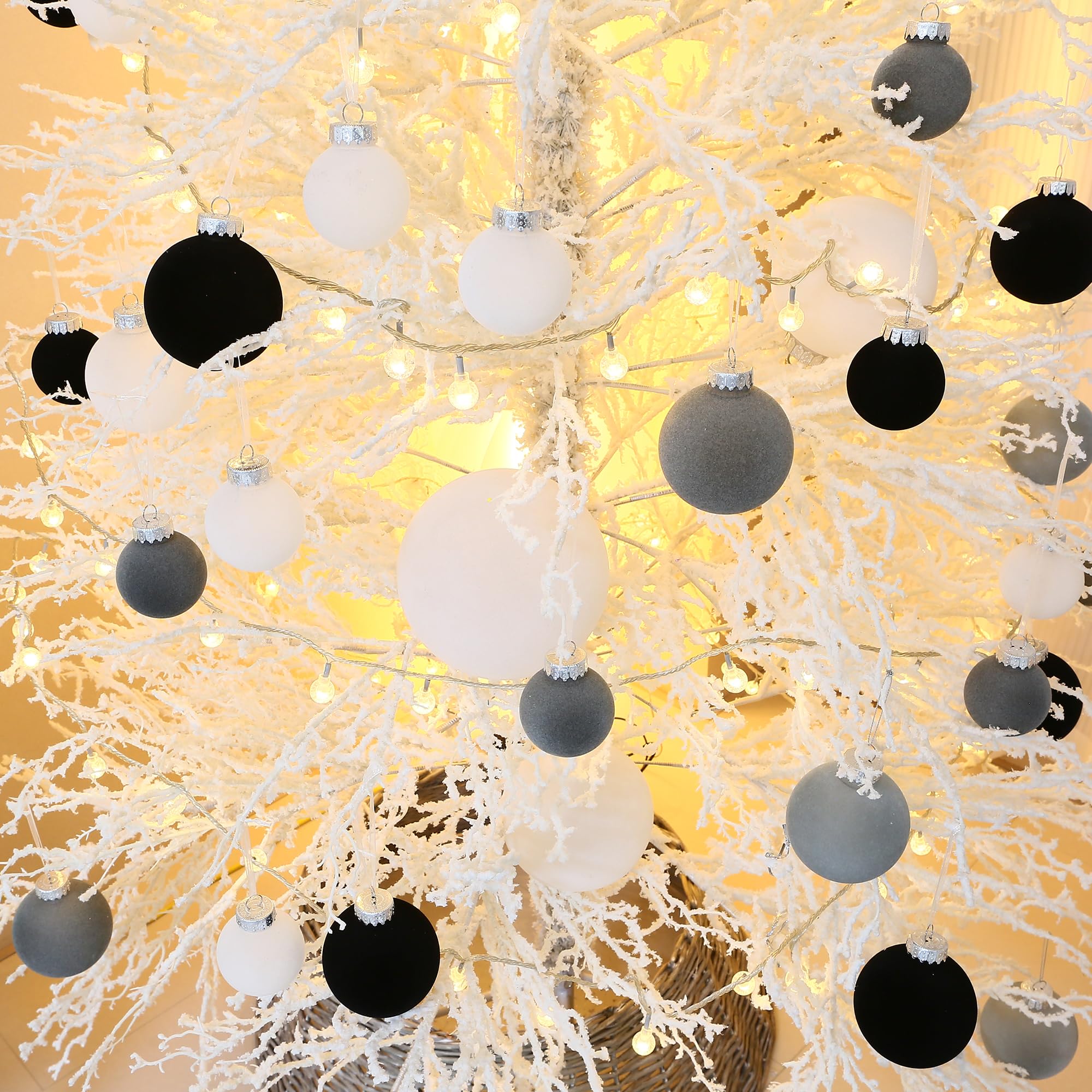 Sea Team 32 Boules Noël Velours incassables multitaille Blanc | Boules en velours floqué incassable, parfaites pour sapin, couronne, guirlande. Idéales pour Noël, mariage, fête.