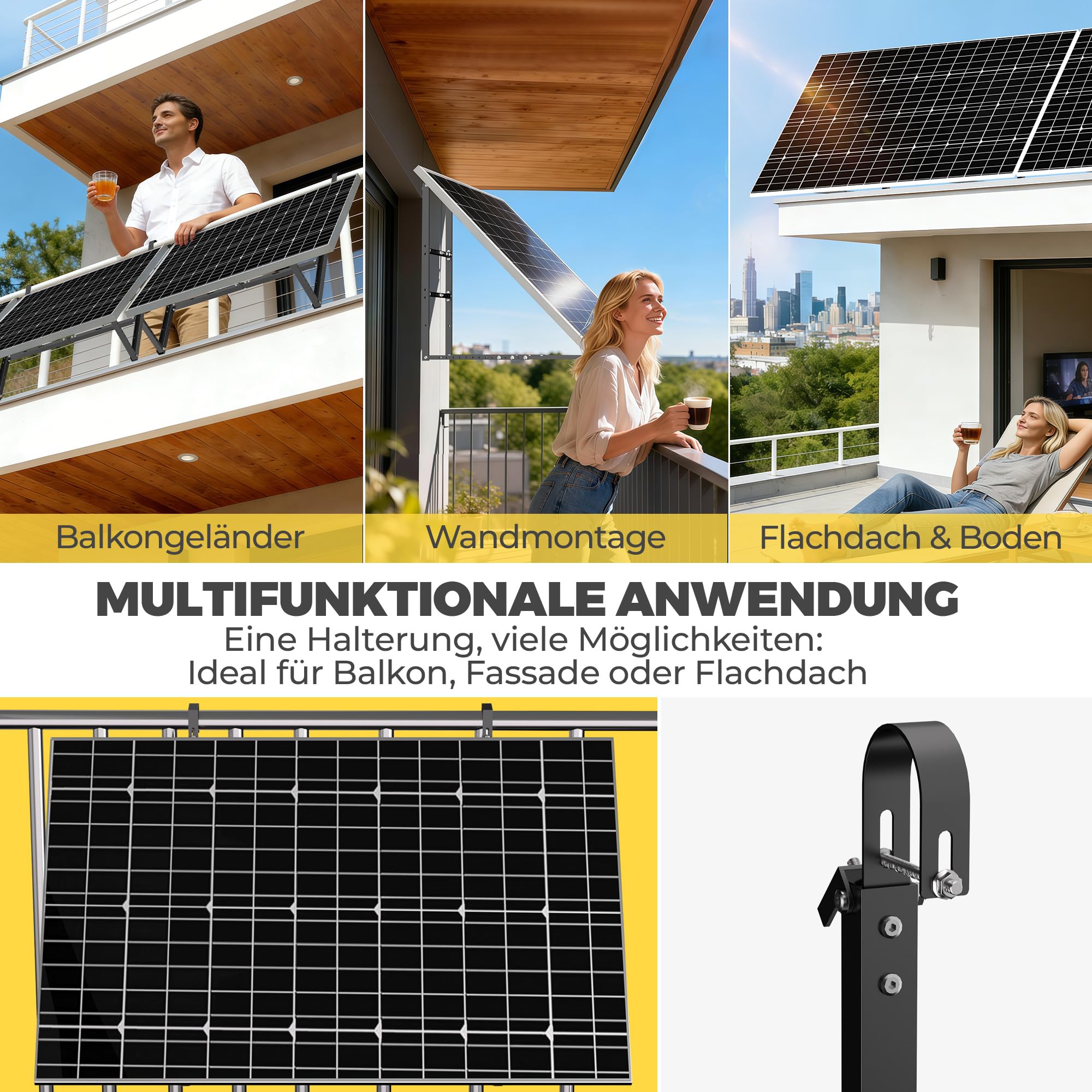 GLIESE Balkonkraftwerk Halterung für 400W-550W Solarmodule - 15°-45° verstellbar aus stabilem Aluminium, inkl. Haken für rundes Geländer - Für Balkon, Flachdach, Wand (Schwarz)