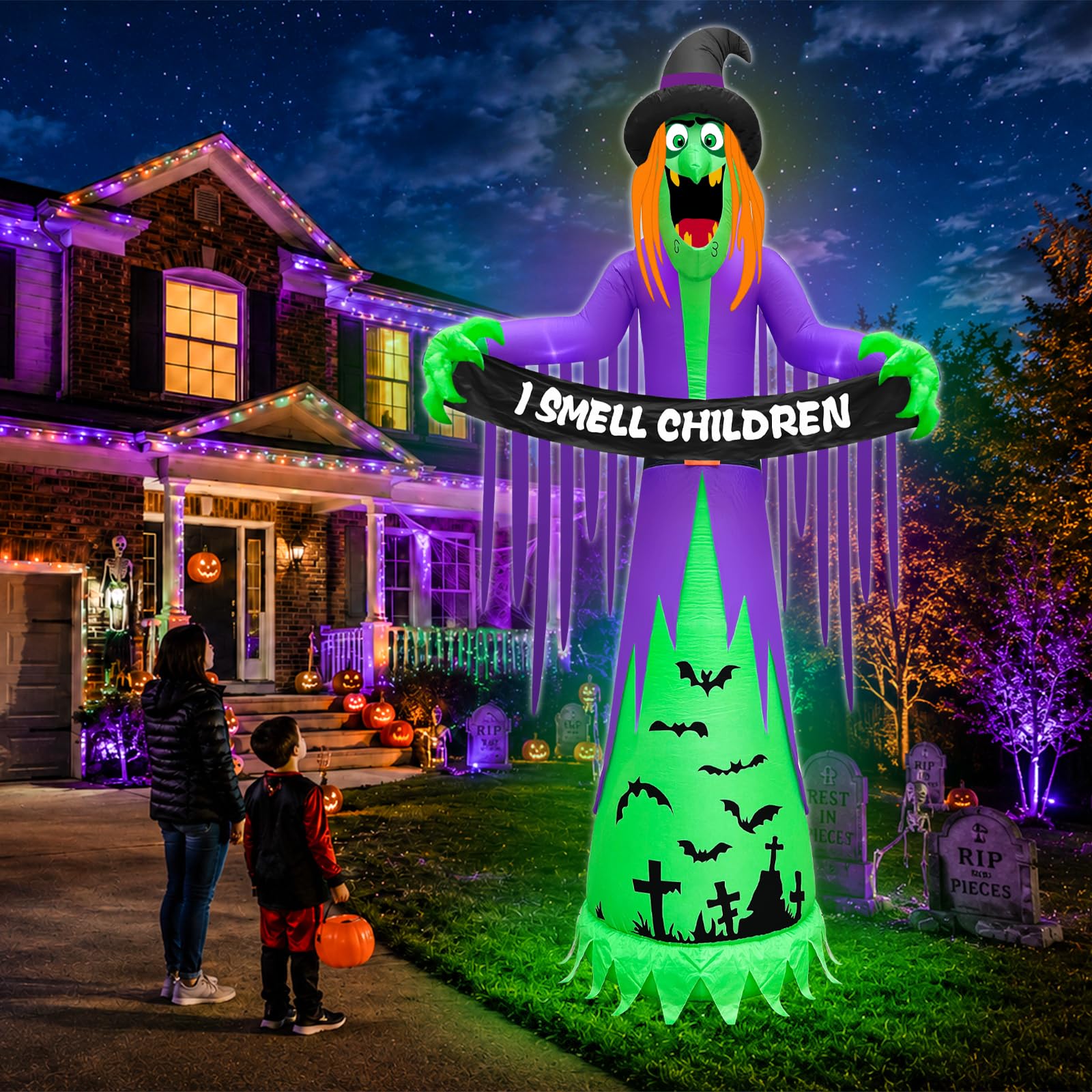 TURNMEON Ogromne nadmuchiwane przedmioty na Halloween, dekoracje na zewnątrz, straszna czarownica trzyma zapach dzieci, baner LED do wysadzania podwórka, dekoracja na Halloween, ogród, trawnik,