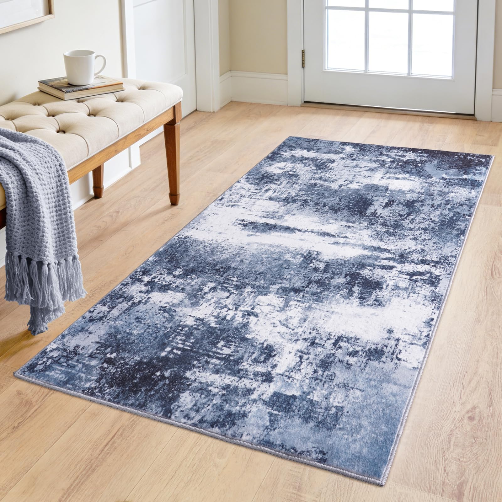 Rezutan Bedroom Rug 80x150cm Deep Blue Modern Abstract Washable Area Rug