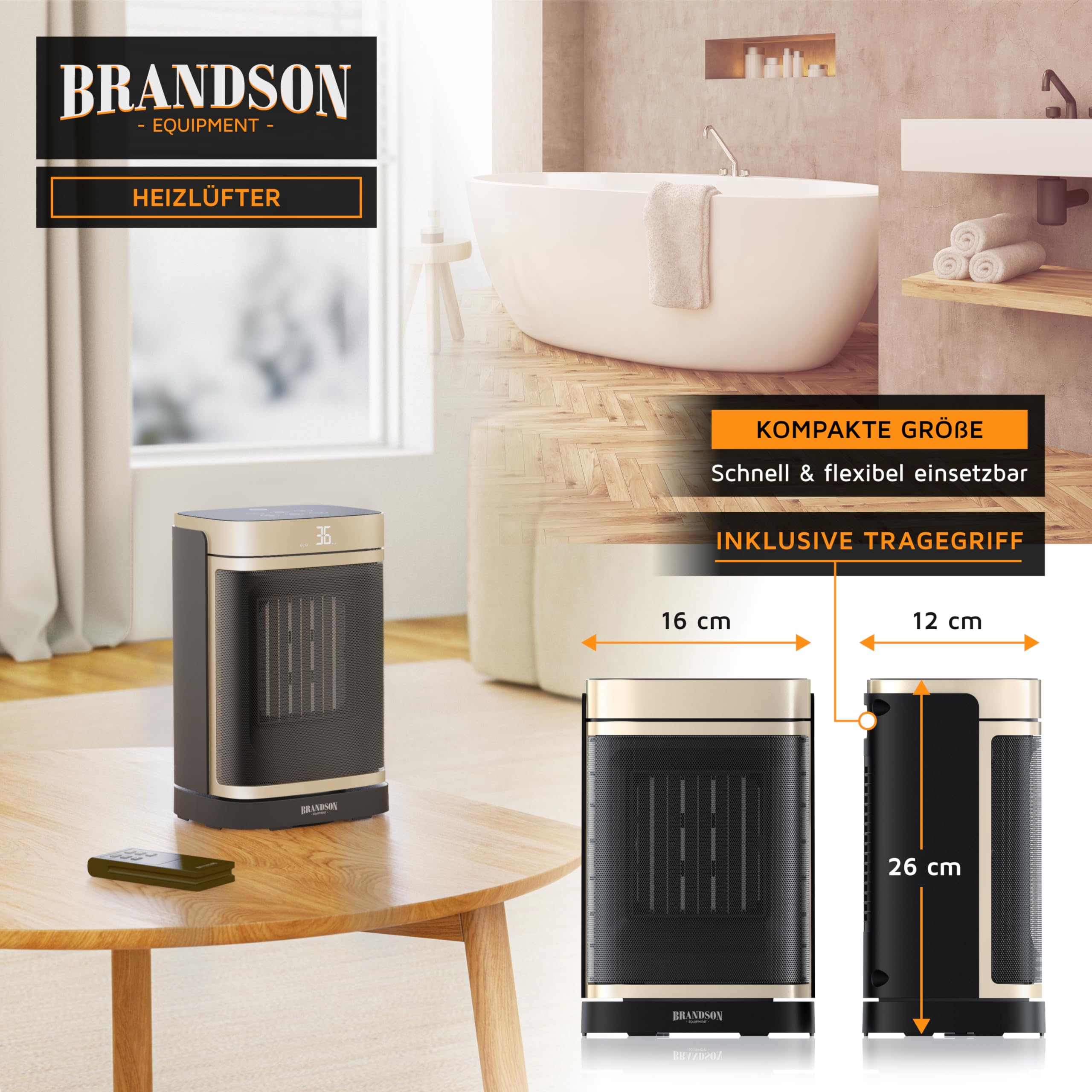 Brandson - Heizlüfter ECO Design - mit Fernbedienung - ECO Modus für energiesparenden Betrieb – Oszillation - 2 Heizstufen - Überhitzungs- und Umkippschutz - Badezimmer Schlafzimmer Baby Kinderzimmer
