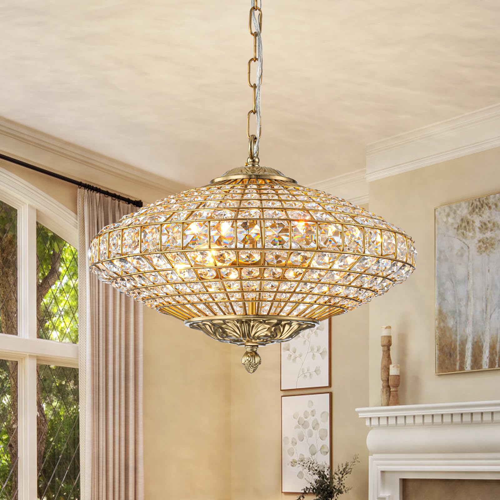 Gold Crystal Chandelier, 16.5" Modern 4-Light Round Crystal Pendant Light Antique Globe Foyer Chandelier for Dining Room Living Room — Amazon image 15