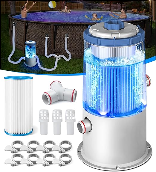 1000 GPH Light-Up Pool Filter Pump for Above Ground Pools | Built-in Blue LED Light, Transparent Housing for Real-Time Water Circulation & Filtration Monitor, Pool Cartridge Filter Pump System