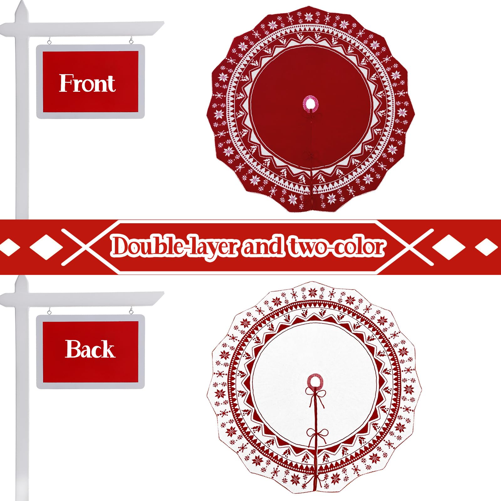 Jupe de sapin de Noël en tricot double face avec motifs flocons de neige - Grande jupe de sapin de Noël rustique pour décorations de sapin de Noël - 183 cm