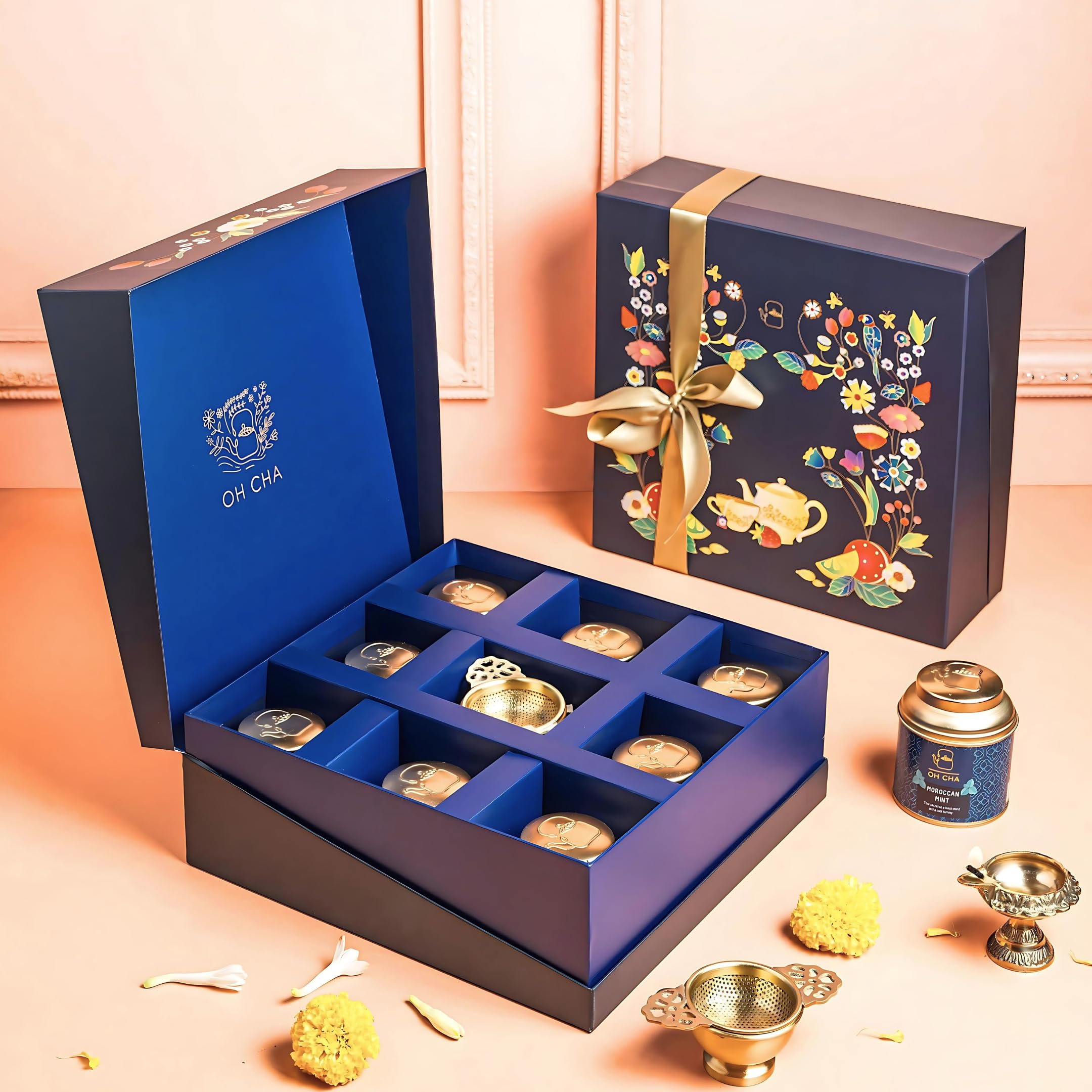 OH CHA - Assorted Teas Gift Box | Tea Gift Set with 8 Flavors + Premium Brass Tea Infuser/Strainer | Whole Leaf - Green Tea, Black Tea, Herbal Tea | Wedding Gift | Anniversary Gift | Exotic Premium Gift Hamper (B09ZNQPSY2) Amazon Price History, Amazon Price Tracker