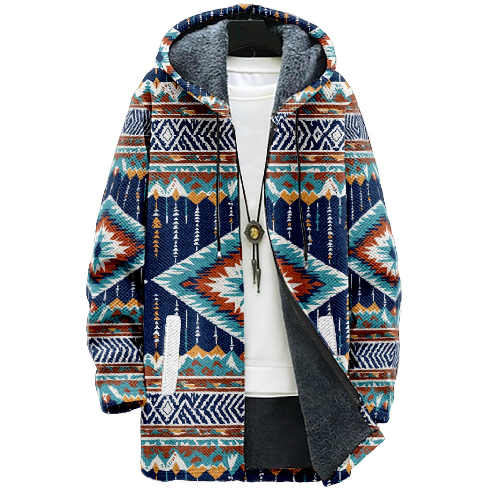 MARSVOVO Aztec Ethnic Mens Cardigan Sweater Fall Zip Up Long Coat with Hood Casual Stylish Fleece Lined Knit