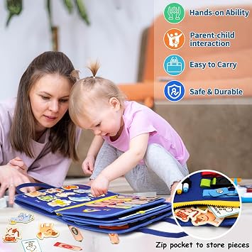 SaFeli Busy Board, Montessori Toys for Boys, Sensory Board Birthday Gifts - Educational Busy Book, Learning Toys, Preschool Learning Activities and Travel Toys for Airplane Car, Blue