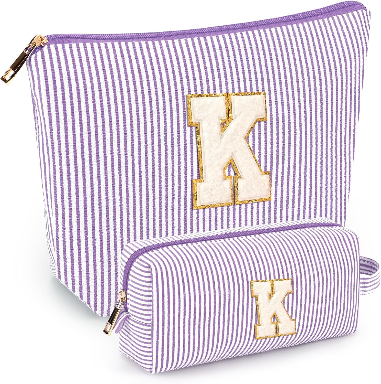 2 PCS Initial Makeup Bags for Women: Cosmetic Bag for Travel Toiletry - Birthday Gifts for 11 12 13 14 15 16 17 18 Years Old Girl Graduation Teacher Gift- Teen Girl Gifts Trendy Stuff - Purple K