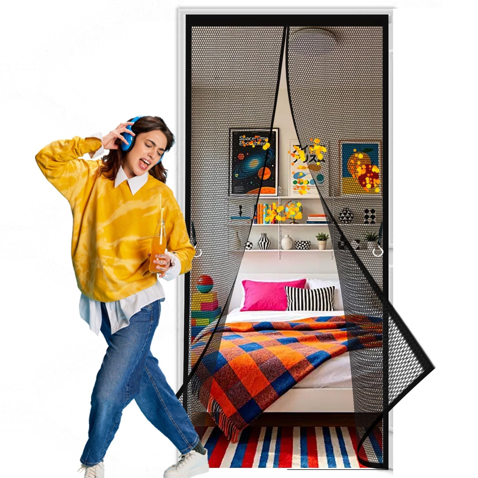 Liujyuan Black Mosquito Door Screen 111 X 141 Cm Full Frame Magic Tape, Powerful Magnets Magnetic Door Curtain No Drill Installation, Keep Bugs Out For Living Garage Doors,