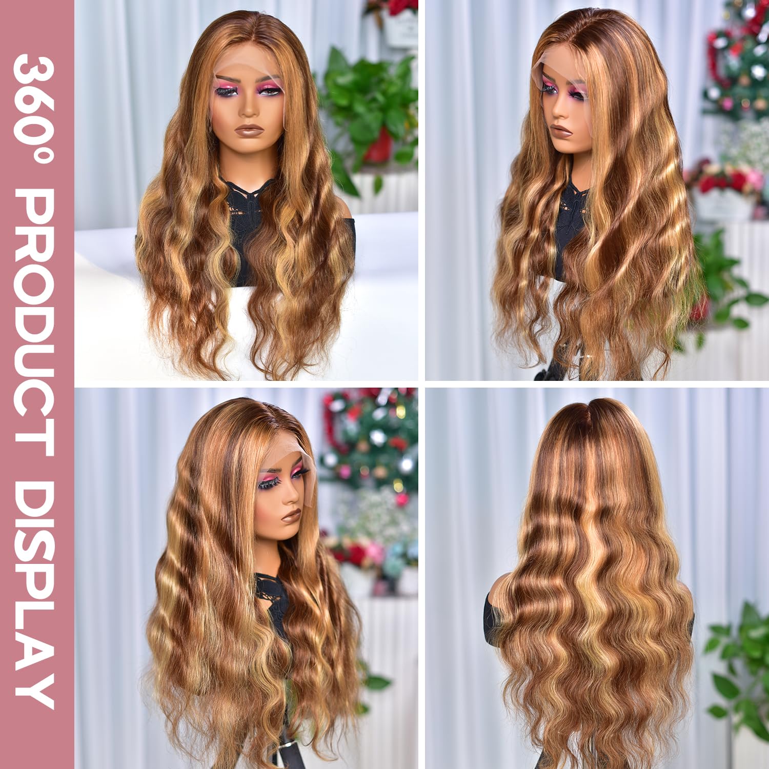 20 Inch Highlight Ombre Lace Front Wig Human Hair Body Wave T Part Honey Blonde Glueless HD Transparent Lace Frontal Wigs for Women 180% Density Human Hair Pre Plucked with Baby Hair