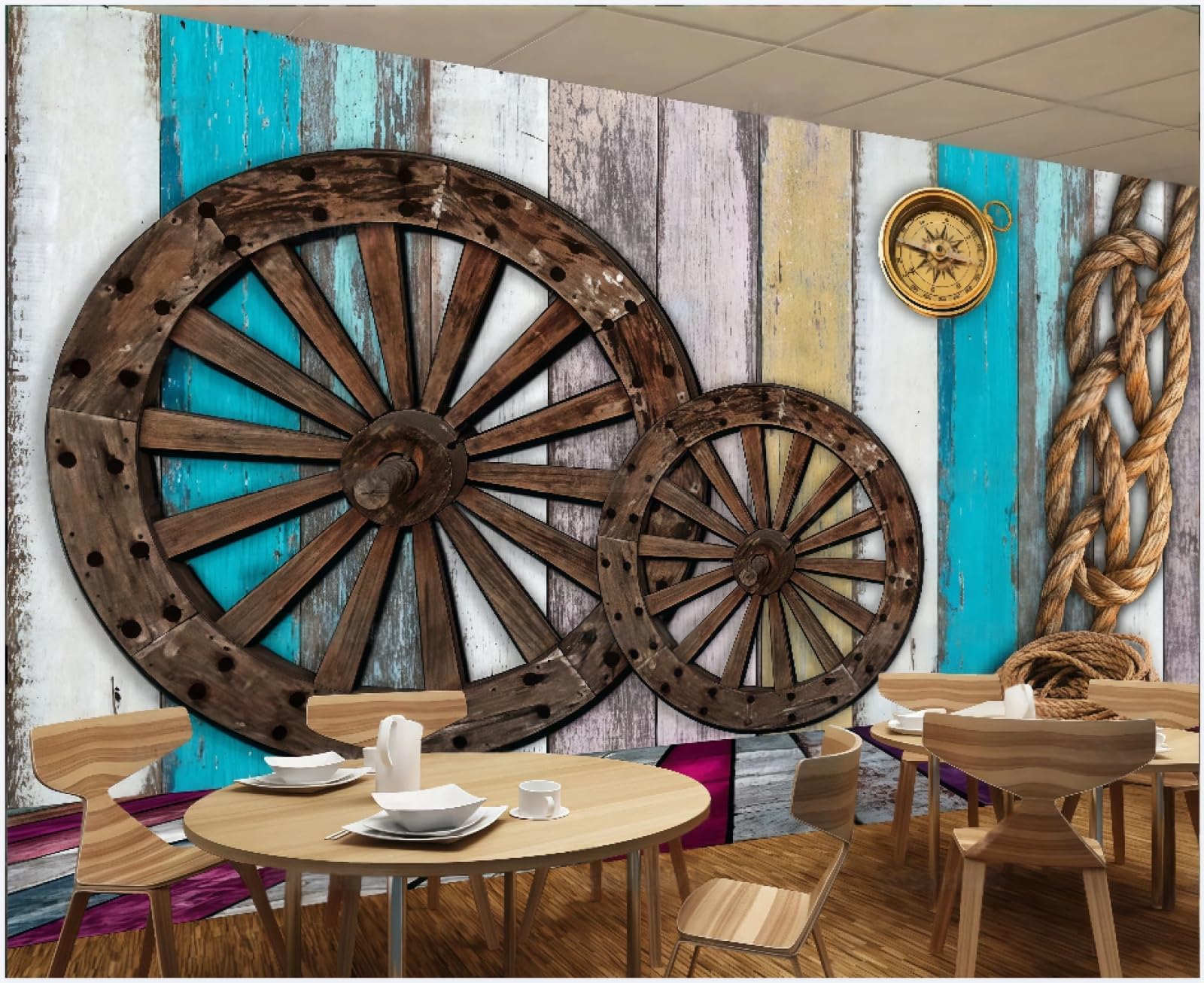 rskjdghshd Wallpaper Retro Colorful Wooden Slats Three-Dimensional Wheel Afternoon Tea Burger Shop Bar Background Wall Western Restaurant Wallpaper Cafe Mural,3D,250x175cm