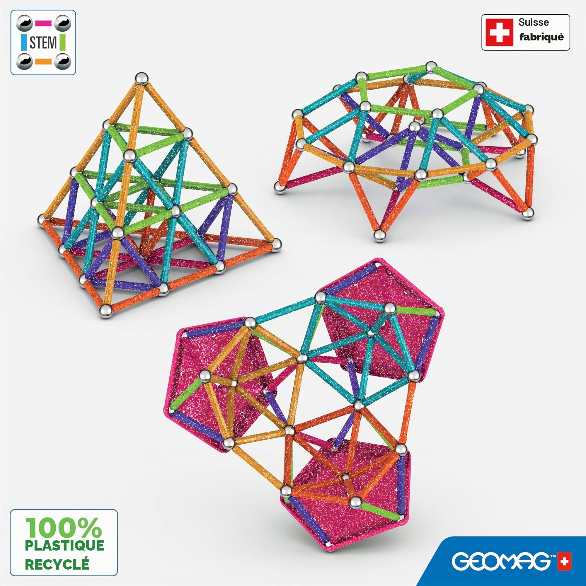 Geomag, Glitter Recyclé, Constructions magnétiques à Effet pailleté, Barres magnétiques pailletées et colorées, Paquet de 142 pièces, 100% Plastique recyclé