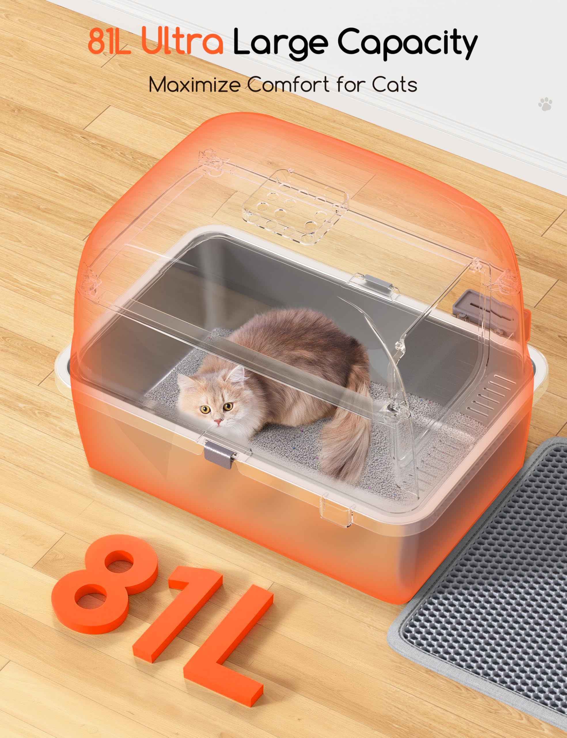 Meowant Lettiera per Gatti in Acciaio Inox, 81L Lettiera Gatto Chiusa XXL, Toilette Grande per Gatti con Paletta e Tappetino, Antiaderente, Antiodore, Facile da Pulire, 60 x 40 x 45 cm, Grigio