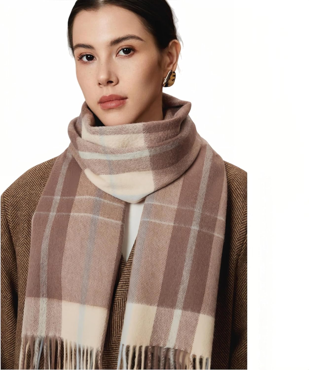 BSHITWO Plaid Blanket Scarf for Women, Cashmere Feel Oversized Tassel Shawl Wrap, Soft Warm Lightweight Scarves for Fall Winter Wedding Party Daily Gifts, Mocha Coffee