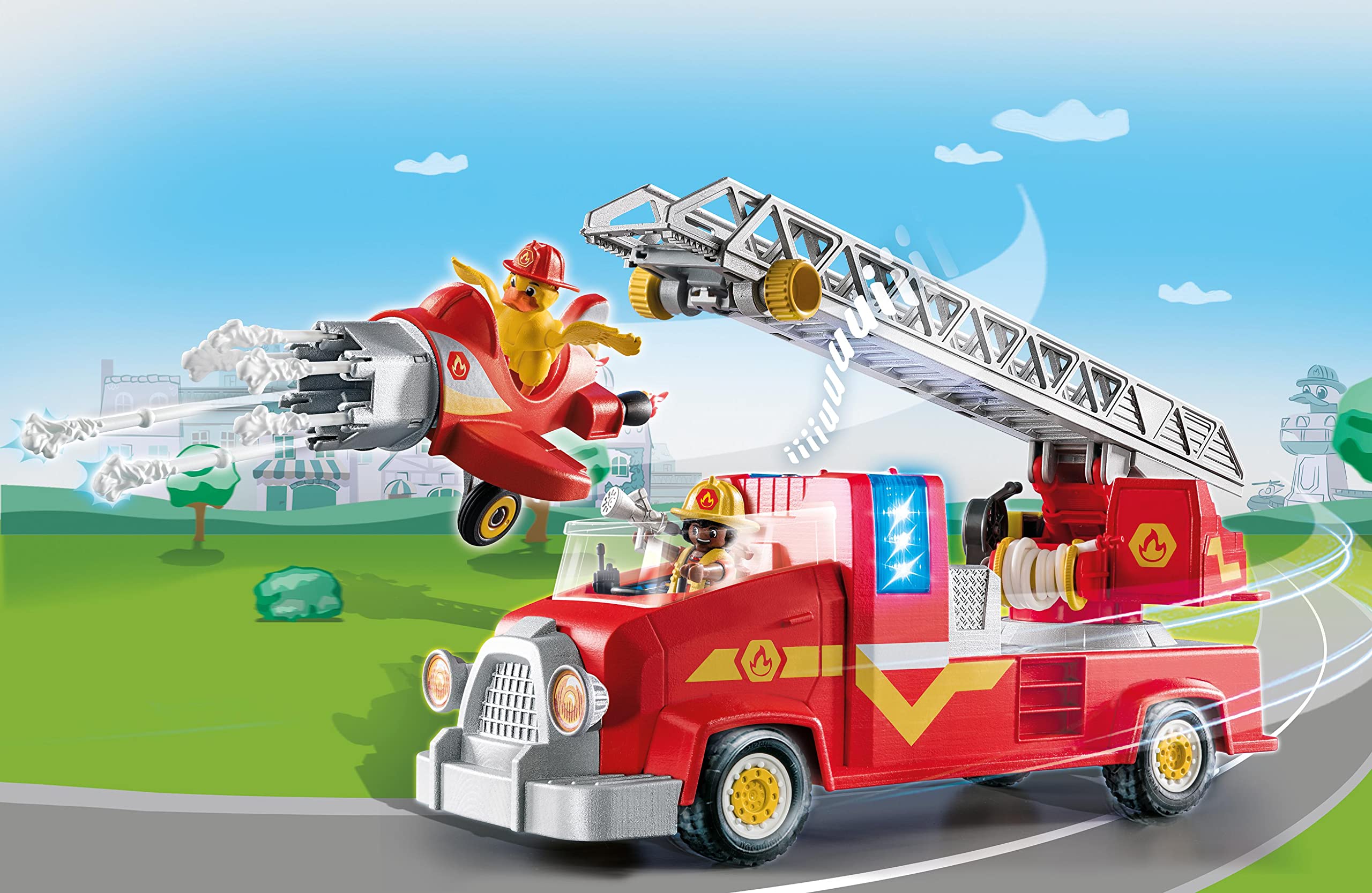 PLAYMOBIL Duck ON Call 70911 Camión de Bomberos con miniavión, con luz y Sonido, Juguete para niños a Partir de 3 años