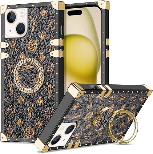 WOLLONY Funda cuadrada compatible con iPhone 15, elegante y lujosa funda para teléfono con soporte de anillo para mujeres y niñas, TPU suave,
