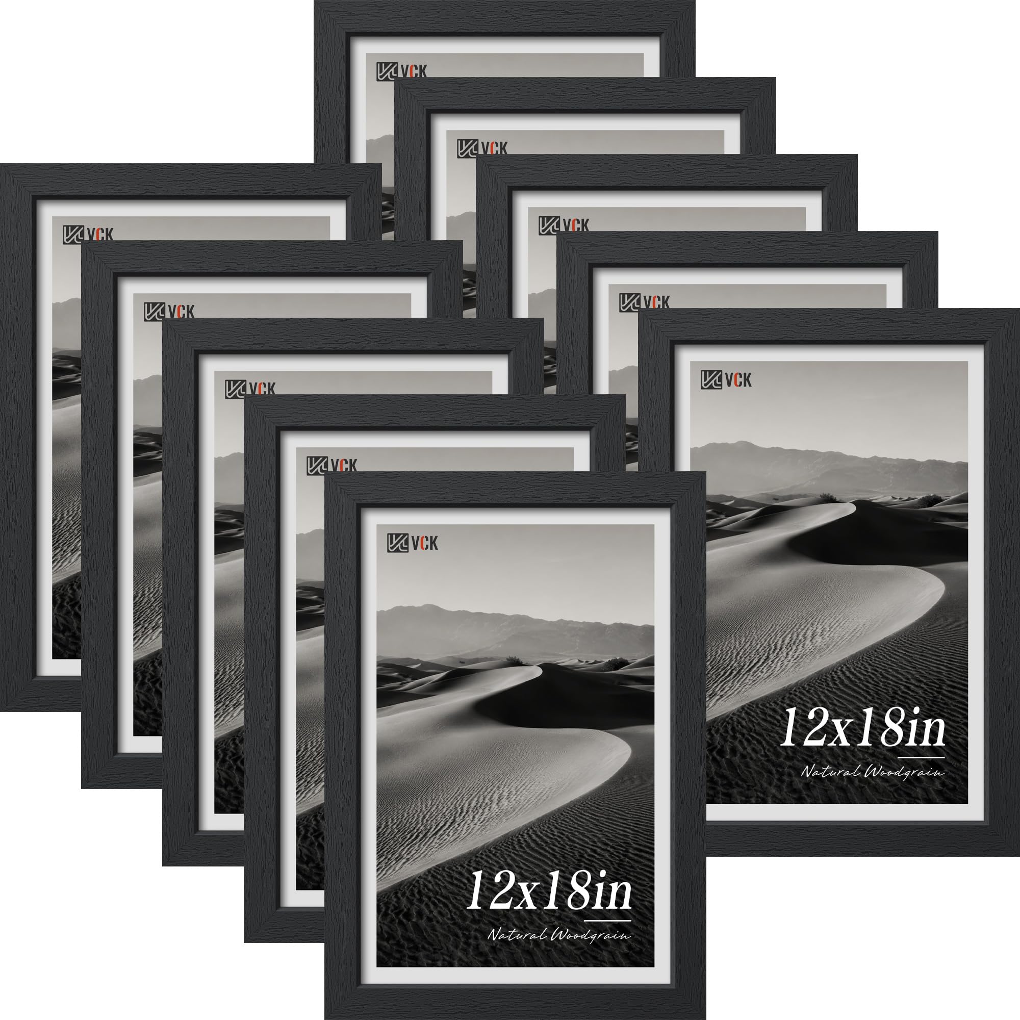 VCK 12x18 Bilderrahmen Set mit 10 Stück – Schwarz, breiter Rand, Massivholzrahmen, Display Bilder in horizontaler und vertikaler Form, für Zuhause, Büro, Galerie, Holzmaserung, Wandbehang
