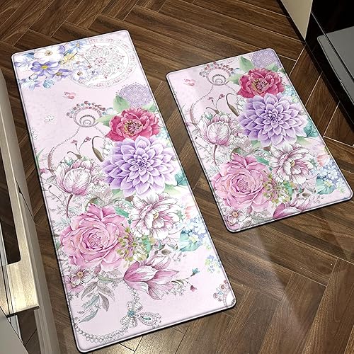 Miniatura 1 de Tapetes de cocina para piso, diseño floral, antifatiga, acolchado, antideslizante, lavable, estilo bohemio, juego de 2 alfombras de cocina