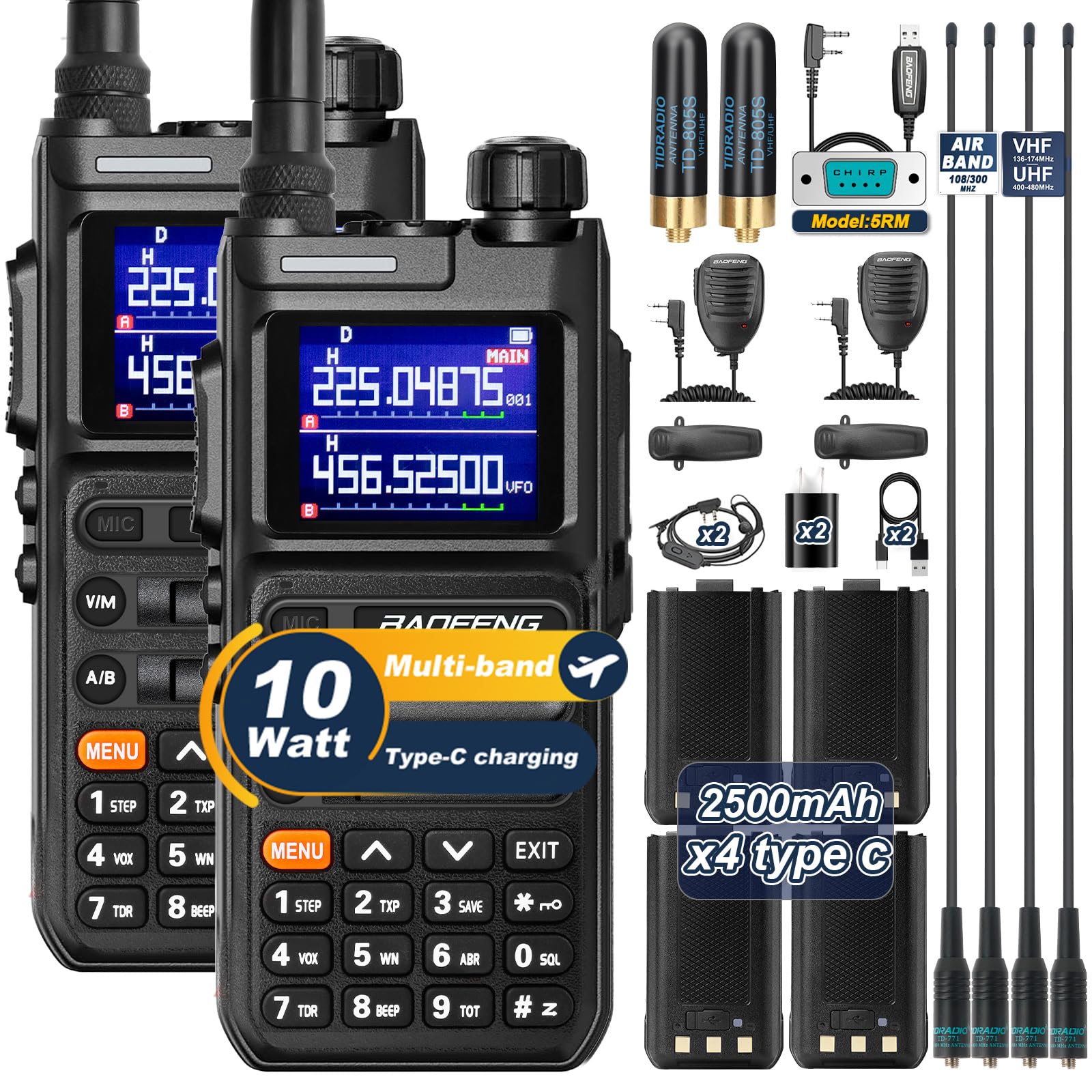 BAOFENG Radios UV-26 10W Ham Radio, VHF/1.25/ UHF Handheld Long Range,8PCS Antennas&4PCS 2500mAh USB-C Batteries,5RM Walkie Talkies NOAA Receiver,AM/FM, 999CH,Frequency Copy,Speaker Mic-2 Pack