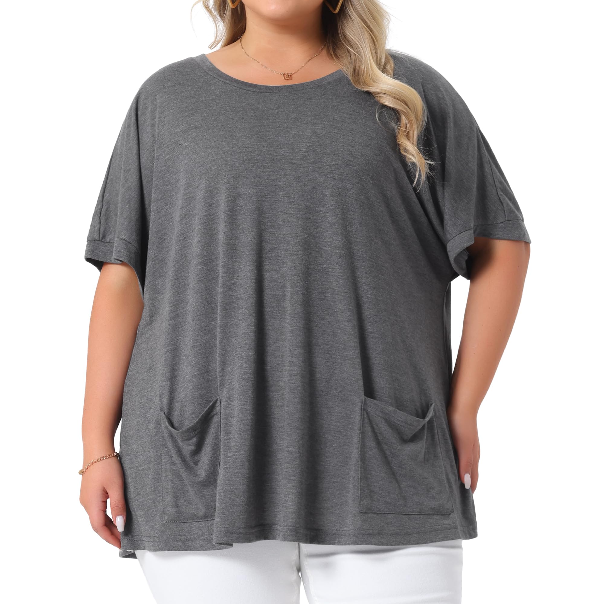 Agnes Orinda Plus Size Women's Crew Neck Short Sleeve Tops Loose Fit Summer t Shirt Tee Tops with Pocket Casual 2025