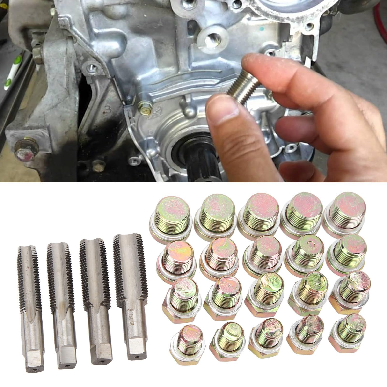 FTVOGUE Kit di Riparazione Filettatura Coppa dell'olio 64 Pezzi Attrezzo per Rifilettare Tappo Coppa dell'olio con Custodia Stampata a Soffiaggio per Auto Veicoli Commerciali Leggeri Set