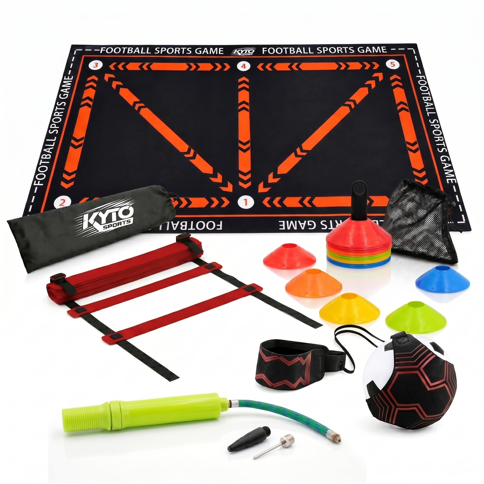 Kyto Sports Fußball Trainingsset für Kinder & Erwachsene – 5-teiliges Fußball Set mit Kickmatte, Solo Trainer, Koordinationsleiter, Markierungshütchen & Ballpumpe - Technik, Dribbling & Agility