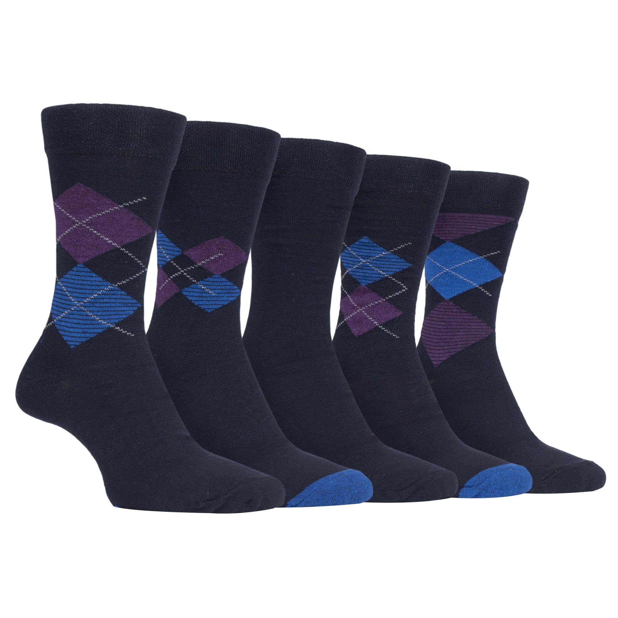 Farah (6-11 Uk, Navy Purple (Argyle)) - 5 Pack Mens Classic Patterned Office Cotton Dress Socks Blue