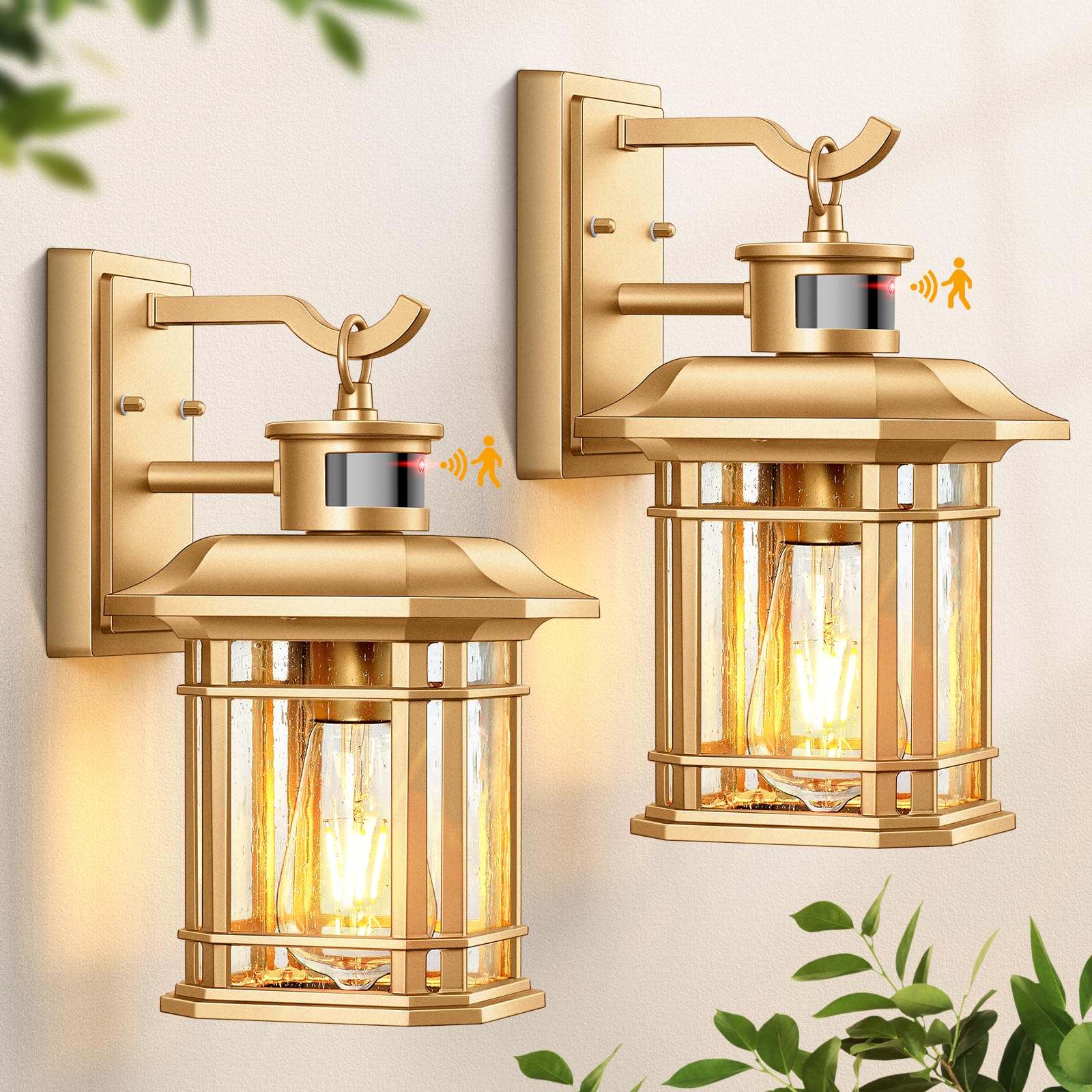 VIANIS Motion Sensor Exterior Lights for House, 2 Pack Dusk to Dawn Outdoor Lighting, Gold Outdoor Sconce Lantern, Waterproof, Weather Resistant Porch