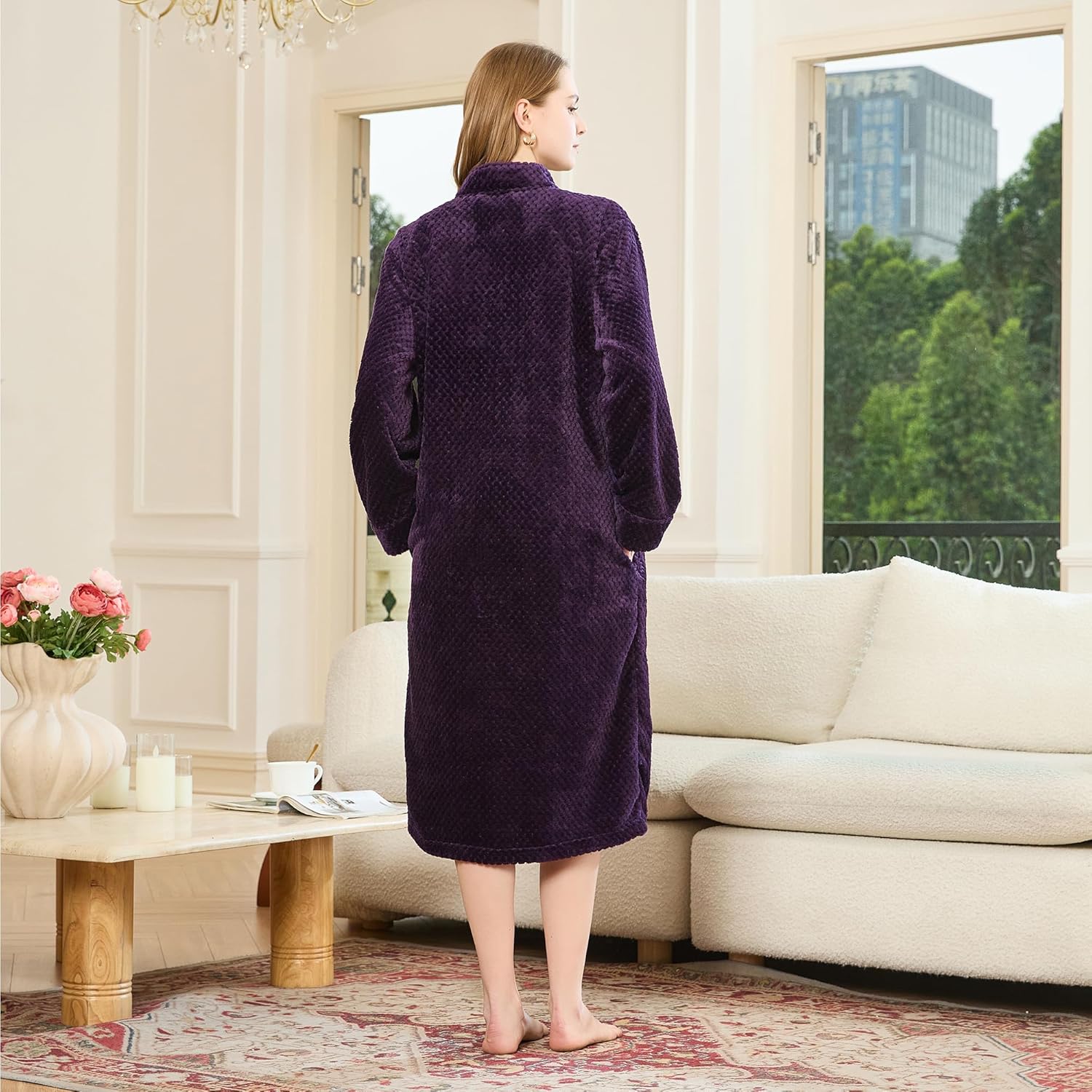 HEARTNICE Womens Flannel Zipper Robe, Soft Warm Robes for Women Cozy Long Sleeve Loungewear Luxurious Nightgown with Pockets - Image 2