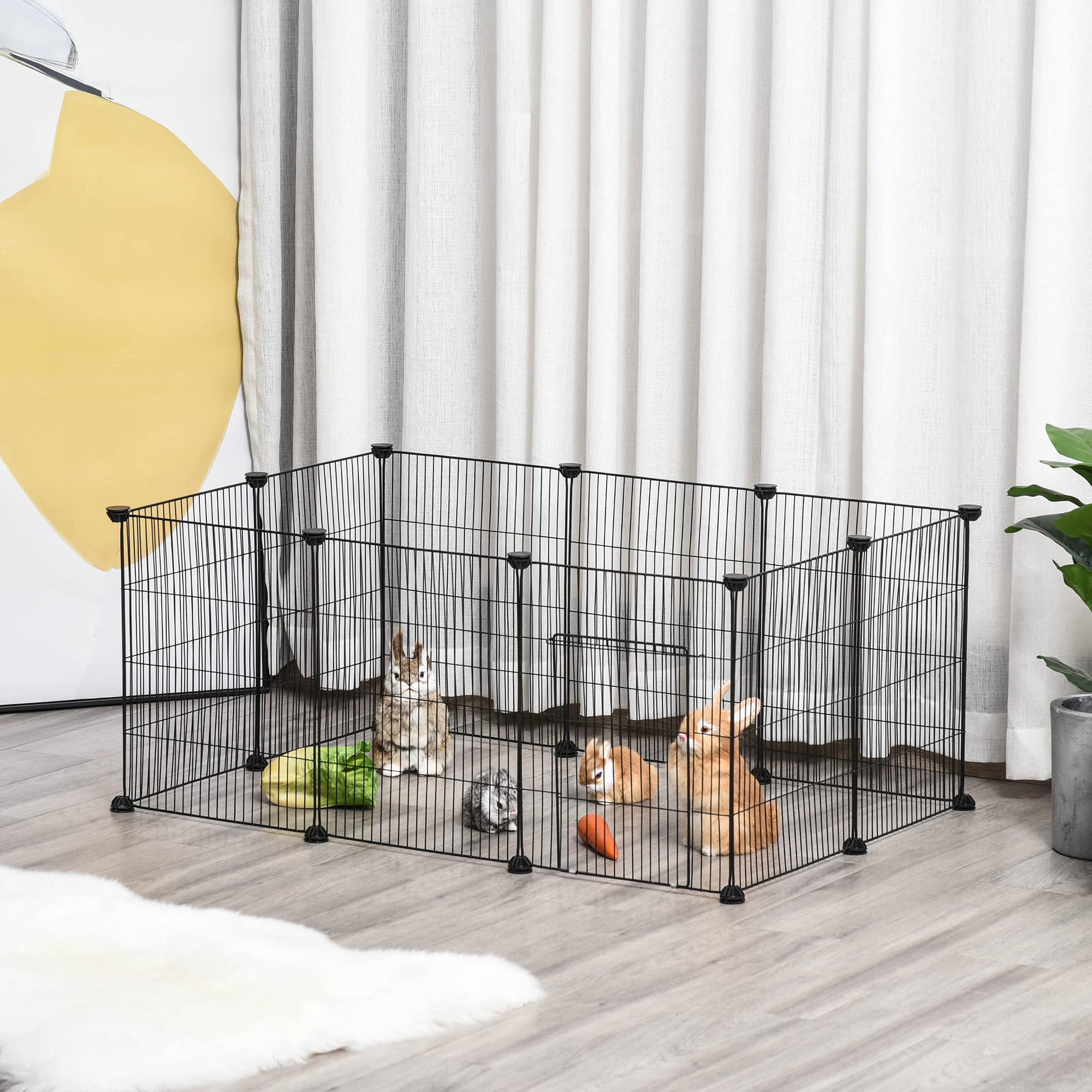 PawHut Kleintiergehege kleintierkäfig Freigehege DIY Metall Kleintiere Multi-Winkel-Verbindungen Anti-Rutsch-Matte öffenbar 22 Platten Schwarz 105 x 70 x 45 cm