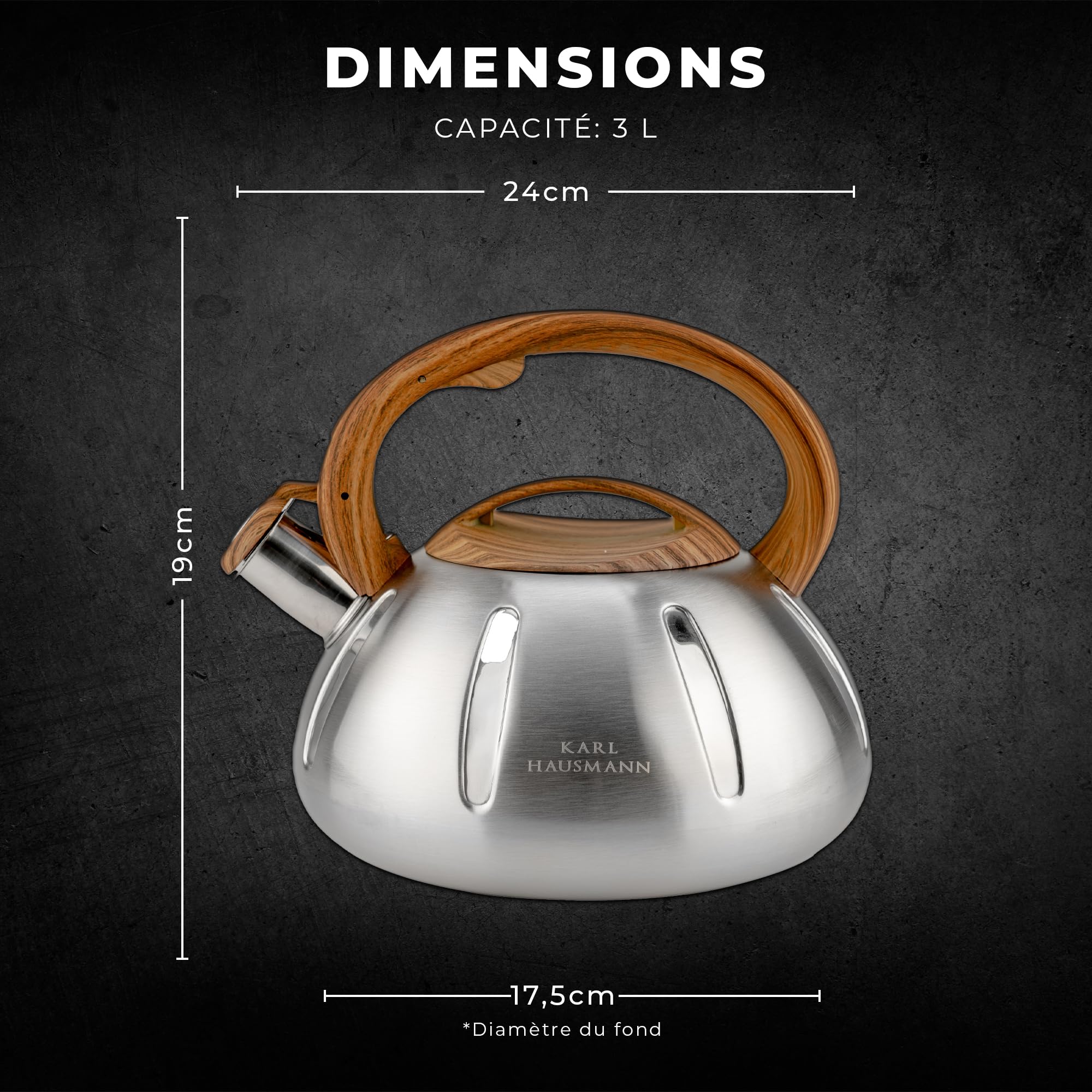 KARL HAUSMANN Bouilloire Induction 3L Inox avec Sifflante - Argenté Theiere Cuisine pour Plaque Gaz, Vitrocéramique et Électrique - Grande Capacité Eau Chaude avec Couvercle Amovible