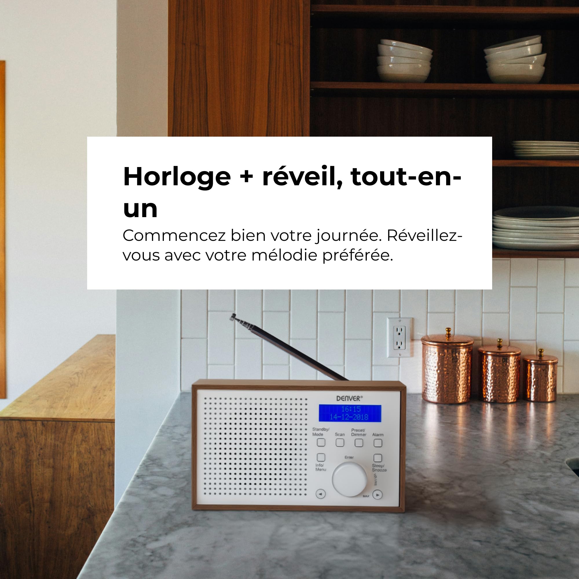 Denver DAB-46W Radio Portable Dab+/FM avec réveil, écran LCD, Alimentation Secteur ou Piles, 2 W RMS, Blanc