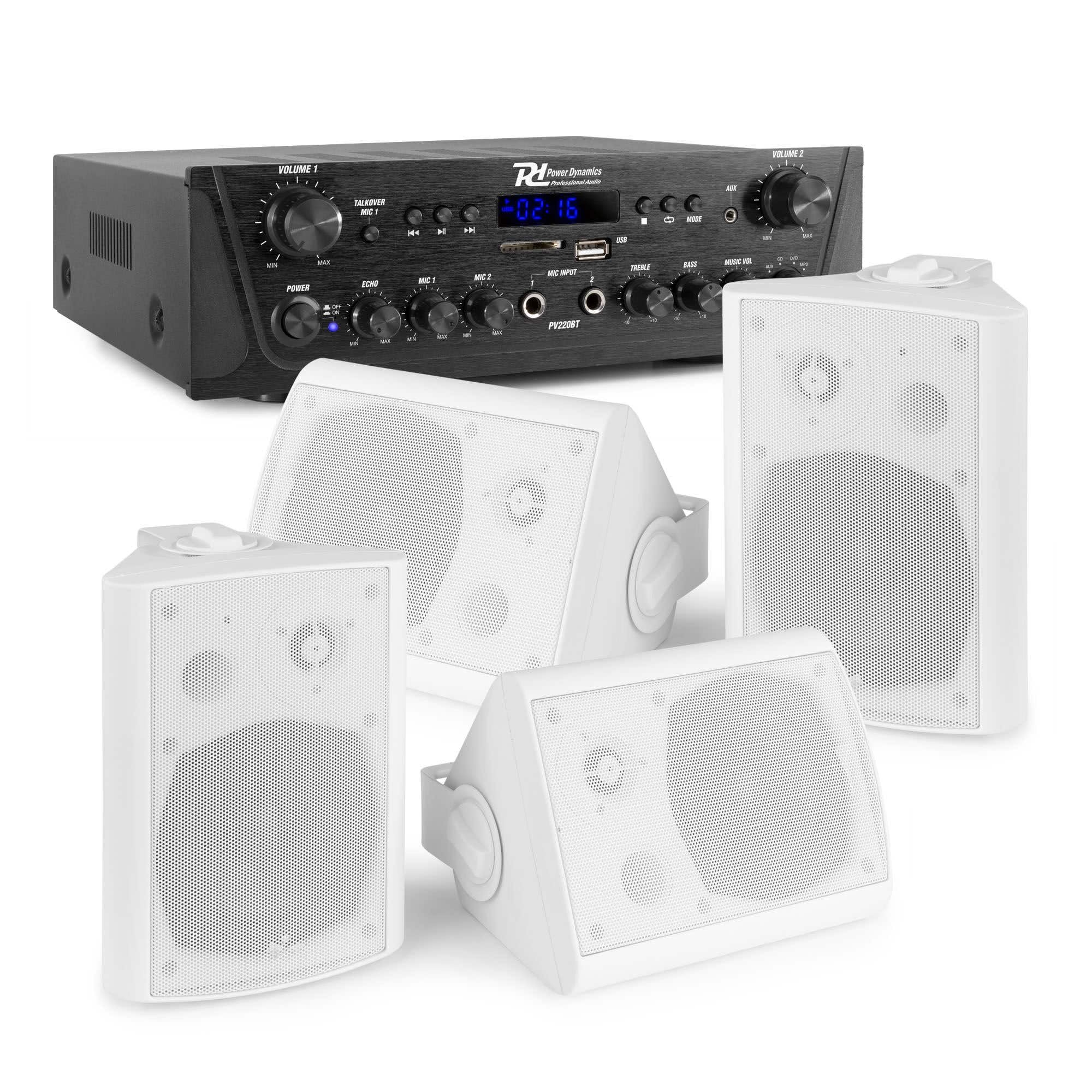 Power Dynamics Sistema de Sonido Profesional - 4 Altavoces Blancos, Bluetooth, USB, FM, Amplificador Integrado, Resistente al Agua IPX5, Soportes y Cables Incluidos, Ideal para Negocios y Hogar