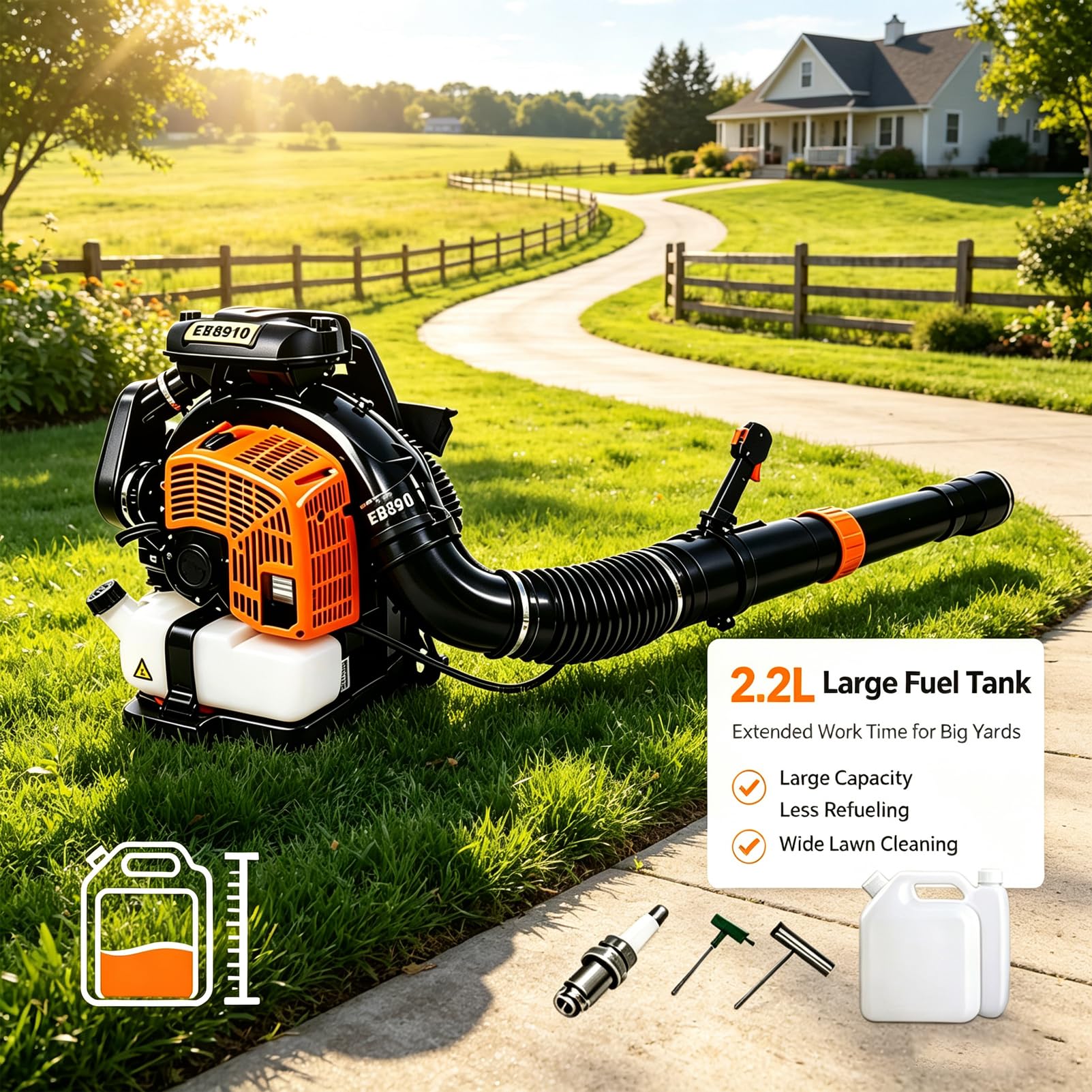 Soplador De Hojas De Gas 68cc, Filtración De Doble Capa 8500r/min | Soplador de hojas de gasolina con mochila de 2,2 L, mango de 180 grados, arnés ergonómico y ventilado(black)