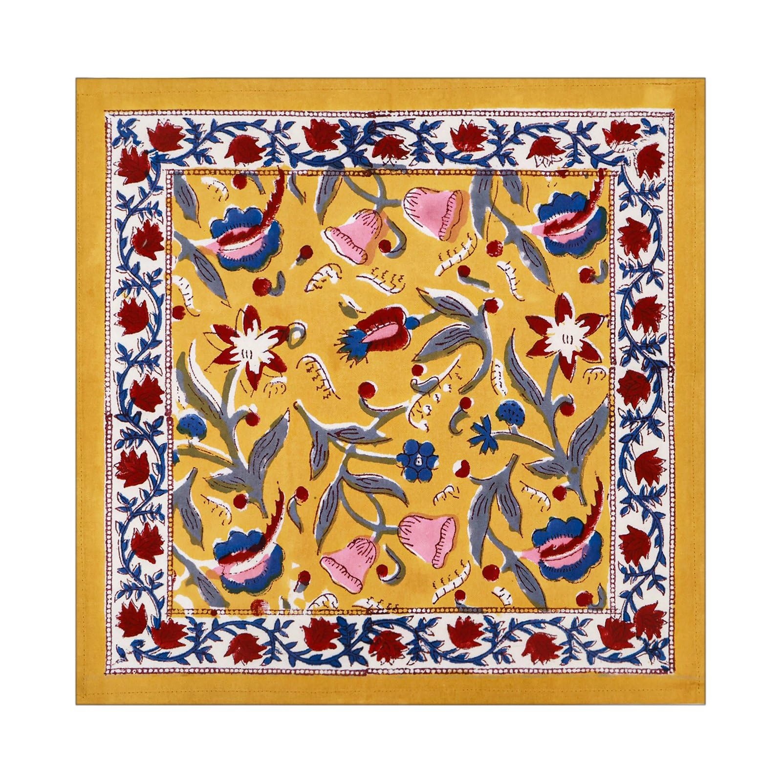 18x18 Inches Cotton Napkins Set of 4, Yellow Red, Washable Hand Block Printed Reusable Cloth Napkins For Dinning, Party, Wedding, Restaurant, Cocktail, Home Decor Autumn Outdoor Valentine Gifts