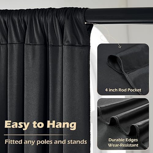 Miniatura 5 de Cortina de telón de fondo negro sin arrugas de 30 x 10 pies para fiestas, 6 paneles de poliéster sedoso negro cortinas de boda para telón de fondo